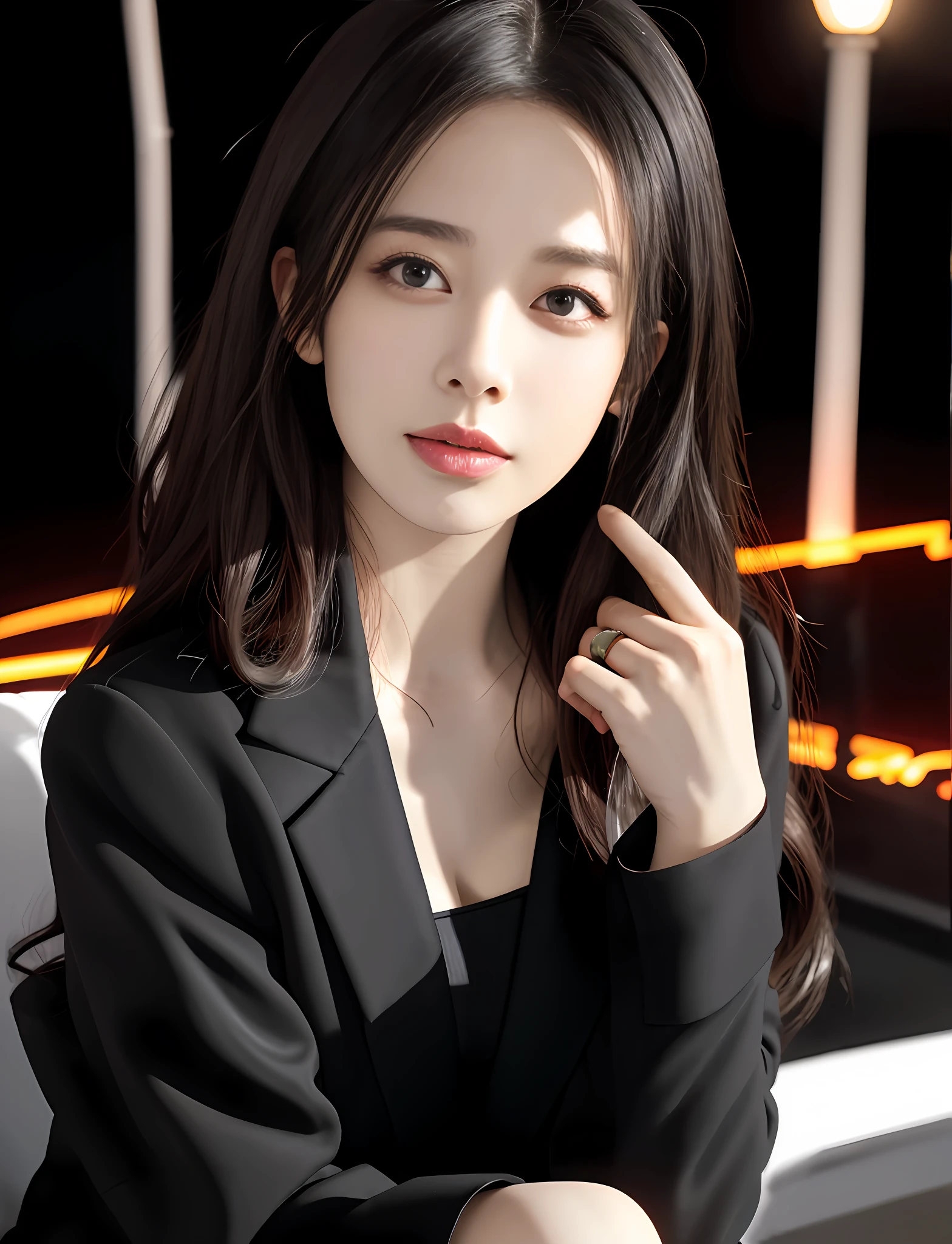 best qualtiy, tmasterpiece, 1girll, beauitful face, (photograph realistic:1.3), edge lit, (highdetailskin:1.2), 8K UHD, digital SLR camera, high high quality, A high resolution, 4K, 8K, Bokeh, absurderes, Optimal proportions of four fingers and one thumb, (realisticlying:1.3), Cute 1girl, Wearing a black formal blazer, Large breasts,Miniskirt,Ultra shorts,Flame it up,Sat down,Station,Knelt