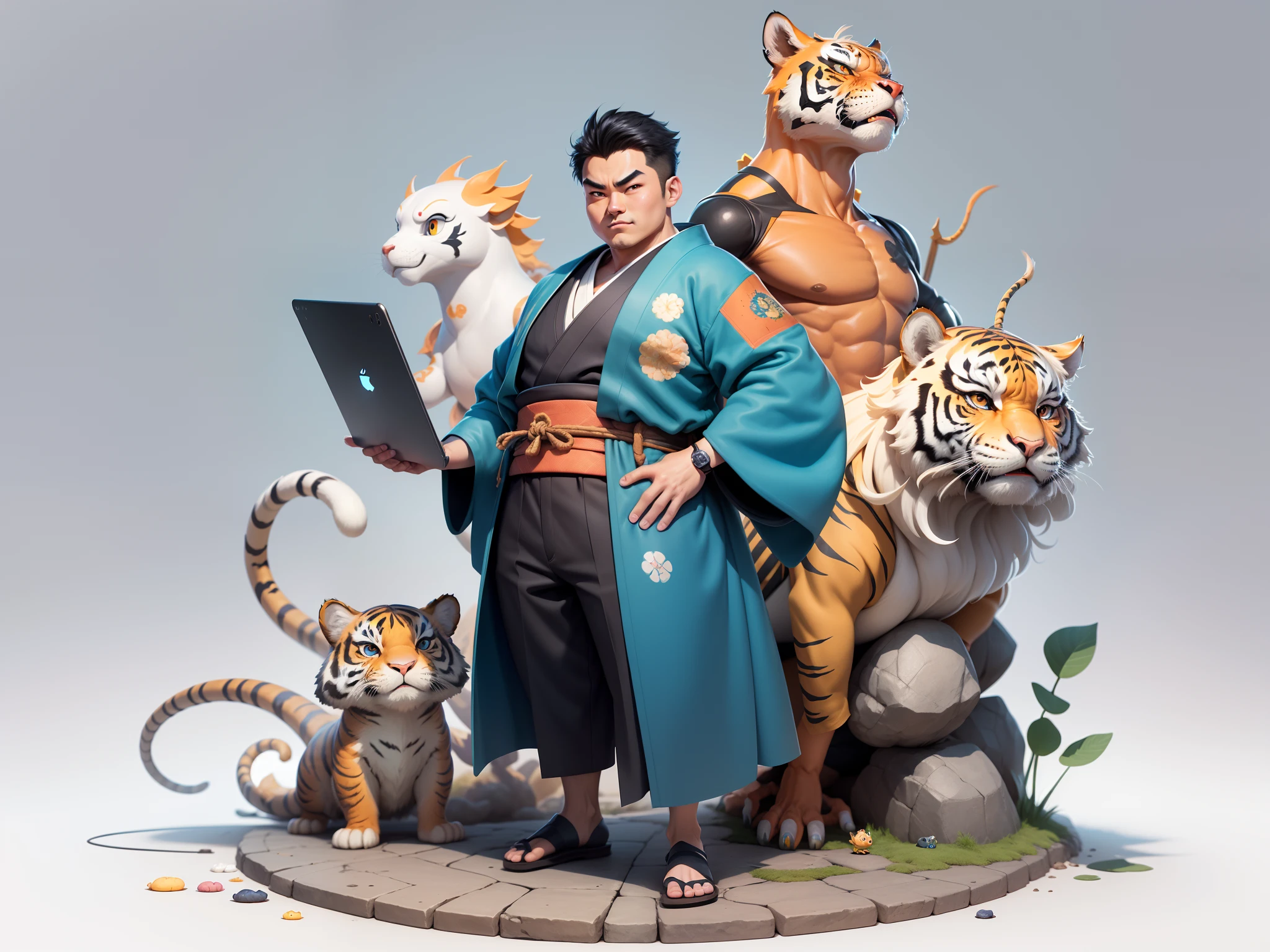 (Masterpiece), (Excellent), (Super Meticulous), (Full Body: 1.2), Super Young Man, Oriental Face, Japanese Kimono, Japanese Wind Thunder God, Dragon, Tiger, TV Anchor, Bust Portrait Illustration, Alone, Black Suit, Blue Tie, Slightly Chubby Face, Very Clean Face, No Beard, Black Super Short Hair, Black Eyes, Confident Smile, 3c Computer Sub-Products, iPad, iPhone, Digital Painting, 3D Character Design by Akira Toriyama and Mark Claireden and Pixar and Hayao Miyazaki, The illustration is a high-definition illustration in 4K resolution with very detailed facial features and cartoon-style visuals.