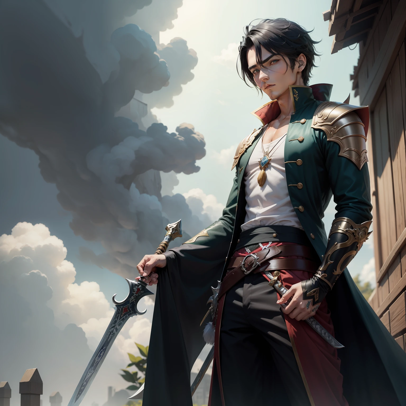 personagem masculino de anime com espada, cara bonito na arte demon slayer, fanart requintada altamente detalhada, bela arte de anime, Arte no estilo de Guweiz, paper awesome wallpaper, bela arte de anime, olhos azuis , personagem da realeza, cabelo curto e preto, fogo, roupa atual, adolescente, sozinho