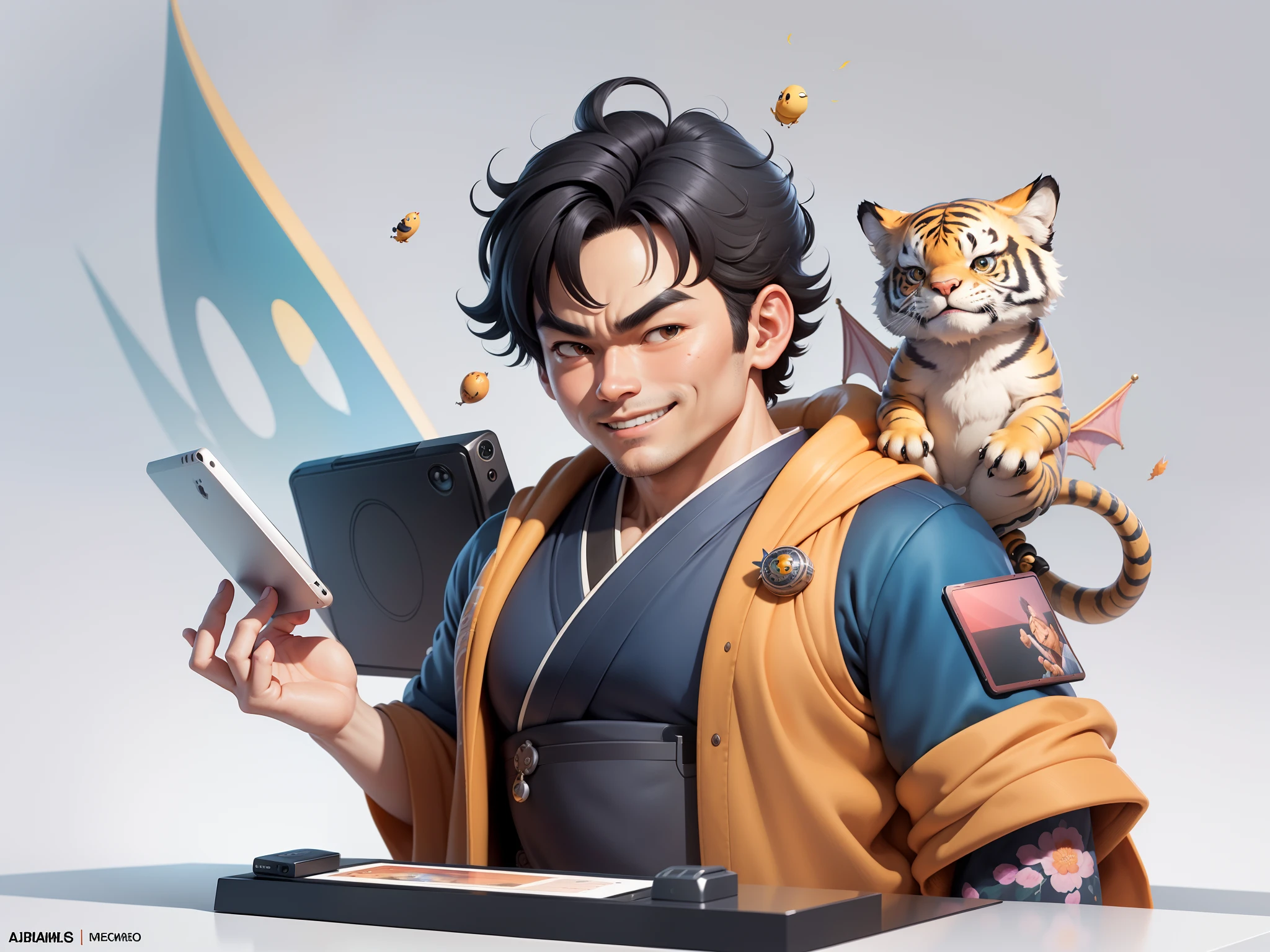 (Masterpiece), (Excellent), (Super Meticulous), (Full Body: 1.2), Super Young Man, Oriental Face, Japanese Kimono, Japanese Wind Thunder God, Dragon, Tiger, TV Anchor, Bust Portrait Illustration, Alone, Black Suit, Blue Tie, Slightly Chubby Face, Very Clean Face, No Beard, Black Super Short Hair, Black Eyes, Confident Smile, 3c Computer Sub-Products, iPad, iPhone, Digital Painting, 3D Character Design by Akira Toriyama and Mark Claireden and Pixar and Hayao Miyazaki, The illustration is a high-definition illustration in 4K resolution with very detailed facial features and cartoon-style visuals.