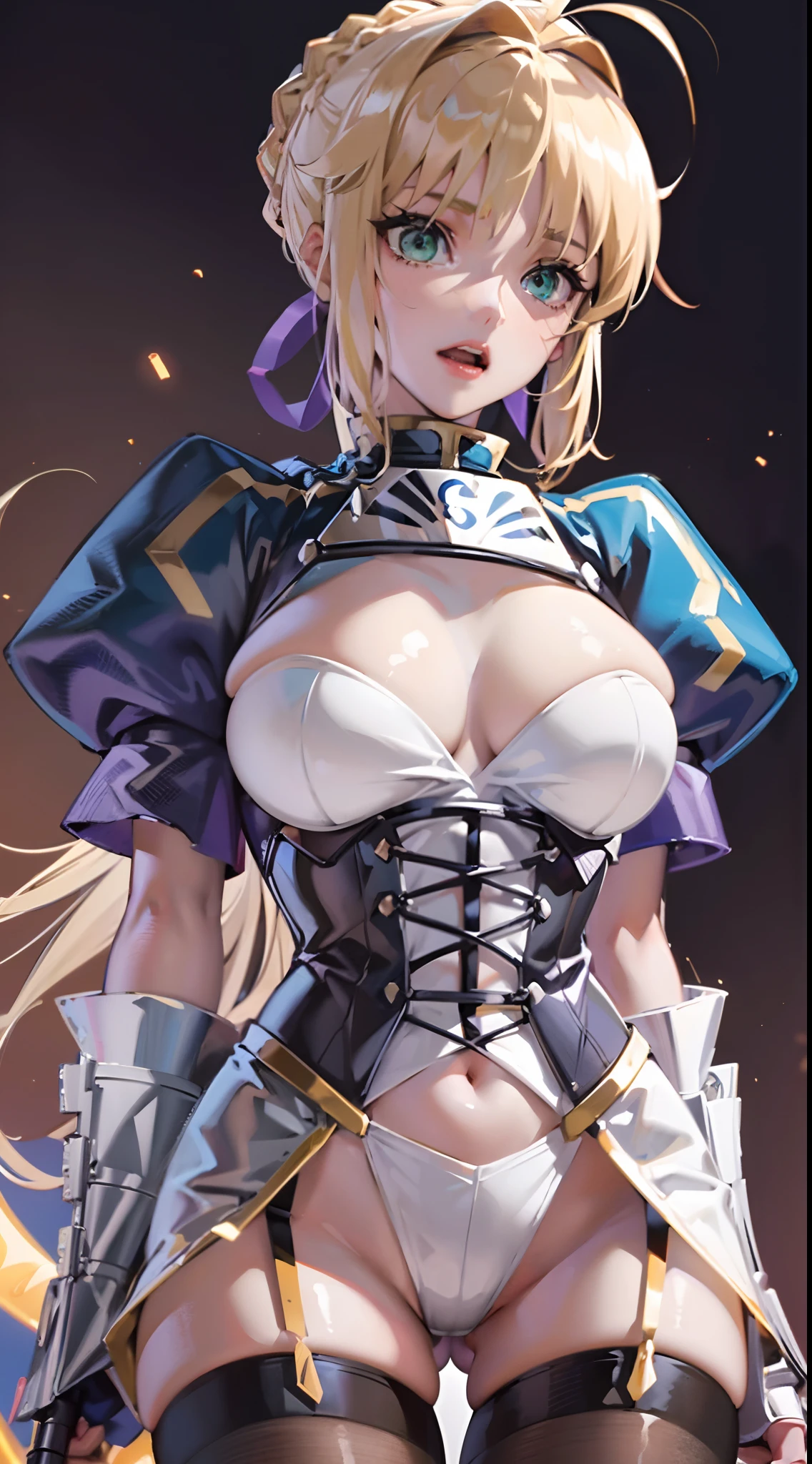 Artoria Pendragon (saber),Light red premium background,Wearing a Japanese-style student uniform,Superskirt。D cup,Sexy one-piece stockings,ahegao face,Fleshy thighs,highly rendered,detailed face with