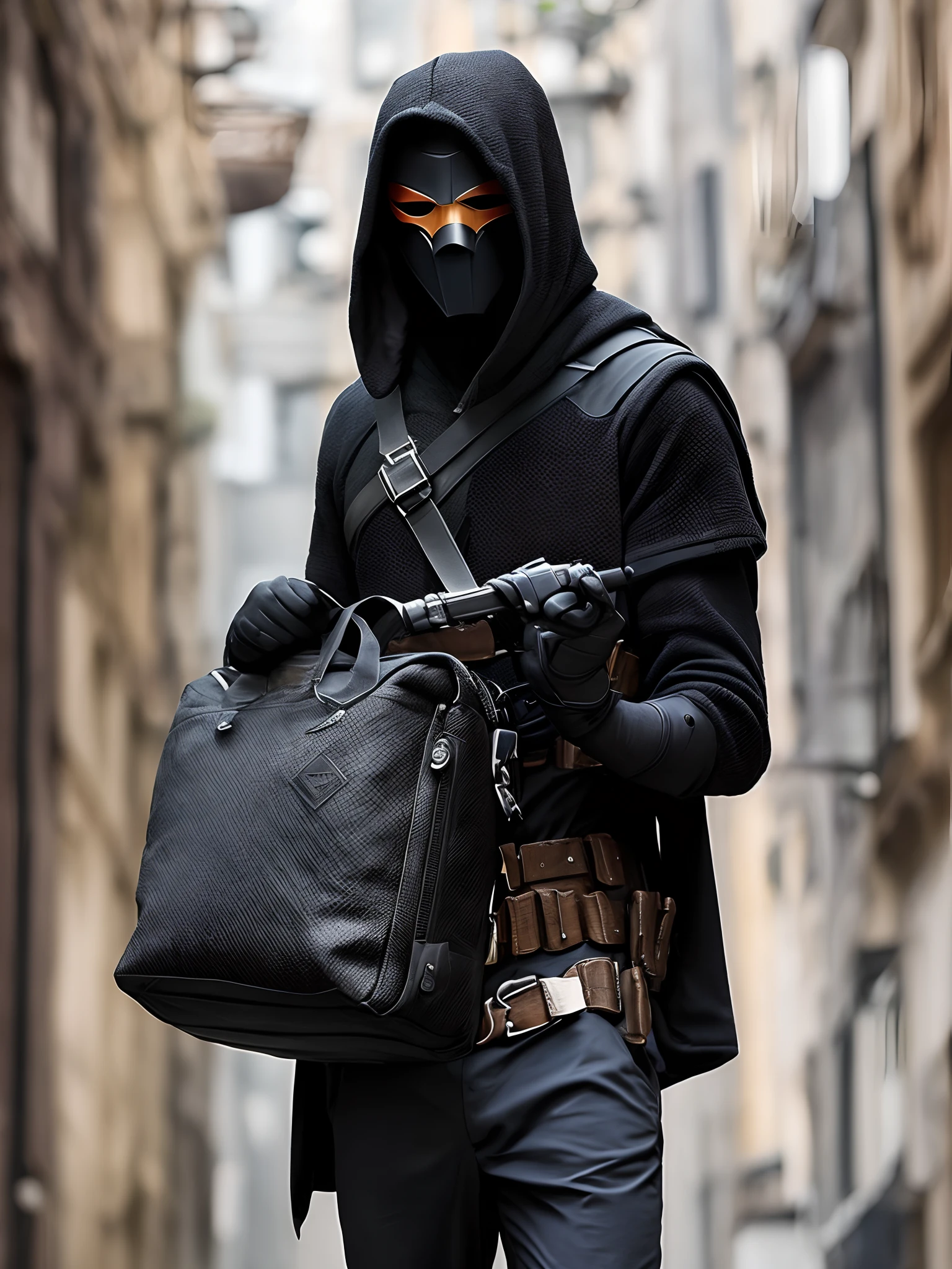 The new Dark Hood uniform is entirely black, made of a sturdy, flexible fabric to enable agile and stealthy movements during your nighttime operations. A capa, also black, it is long and flows around the body, giving the Dark Hood an intimidating and mysterious appearance.

The mask of the Dark Hood is designed with details inspired by the shadows, com linhas elegantes e angulares. The eyes are covered by special lenses, that provide magnified vision and filter light, allowing him to see even in the darkest situations.

Para complementar o traje, Ethan adds black gloves with flexible, sticky fingers to improve his dexterity. It also includes a utility belt, com bolsos para suas ferramentas e gadgets, plus a retractable climbing hook to assist in your onslaught through the streets and buildings of Gotham.