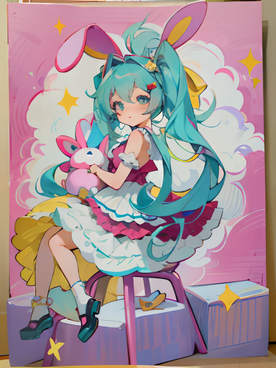 Anime girl sitting in chair，There is a cat on his lap, small curvaceous loli, Anime moe art style, hatsune miku portrait, Portrait of Hatsune Miku, mikudayo, pastel coloring, Hatsune Miku, inspired by Leiko Ikemura, Os amigos, original chibi bunny girl, loli in dress, !!Full body portrait!!, Marin Kitagawa fanart