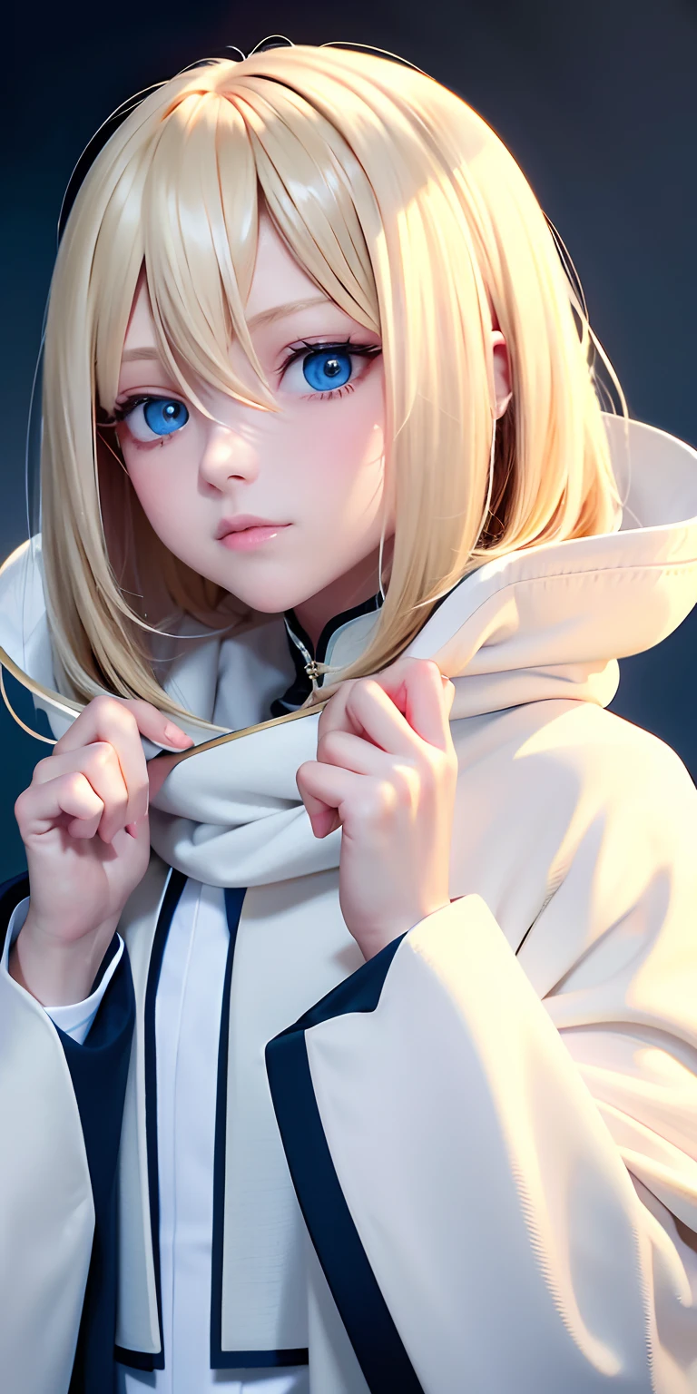 Need,tmasterpiece,blond hairbl,Blue eyes,Manteau blanc,Look up,The upper part of the body,Hairline,Fair skin,Shawl hair
