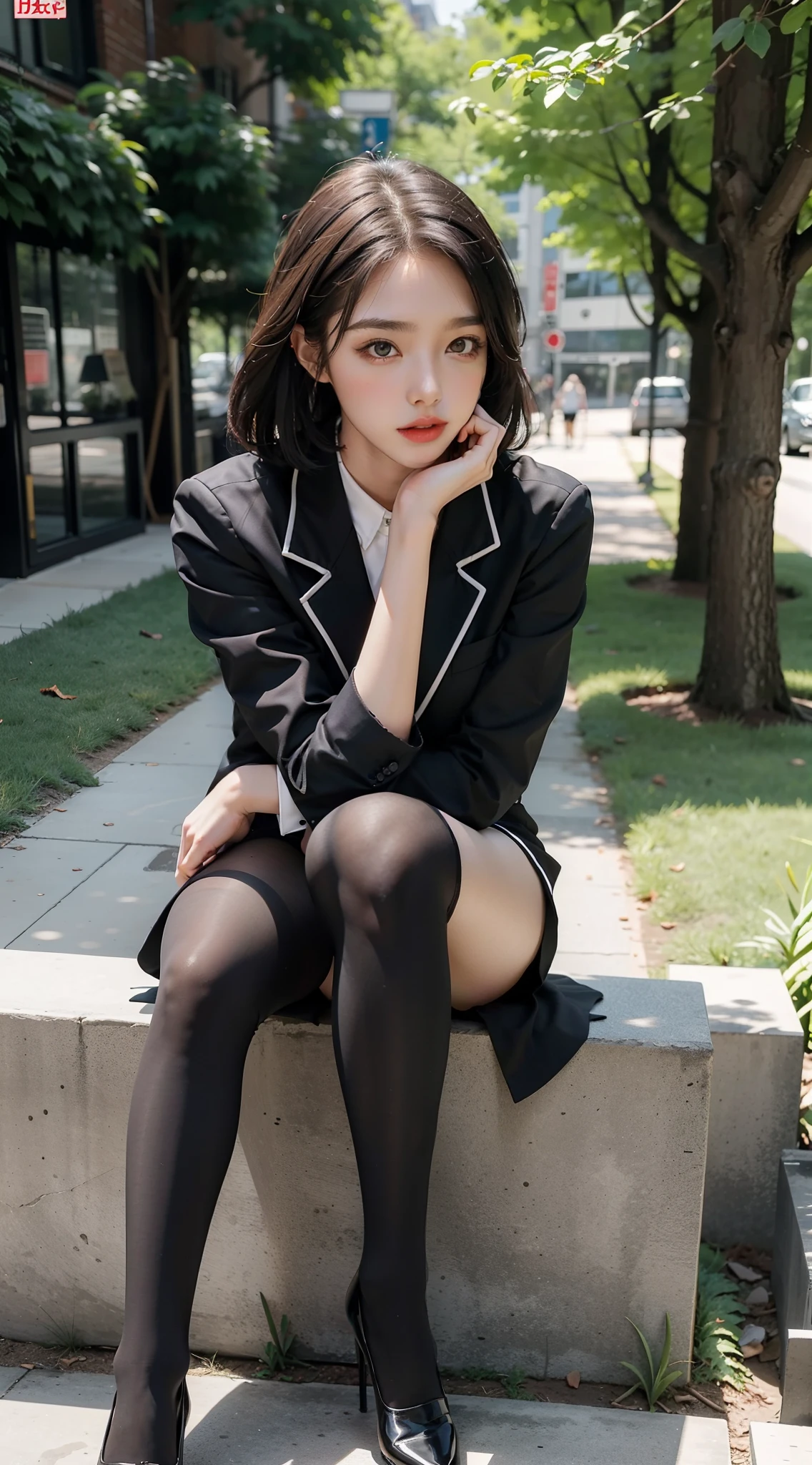best qualtiy, Full body like,Refined face,pretty face,25 years old woman,slimfigure,Smaller bust,office lady uniform,Office wear,black lence stockings,Outdoor Scene,The legs are M-shaped,