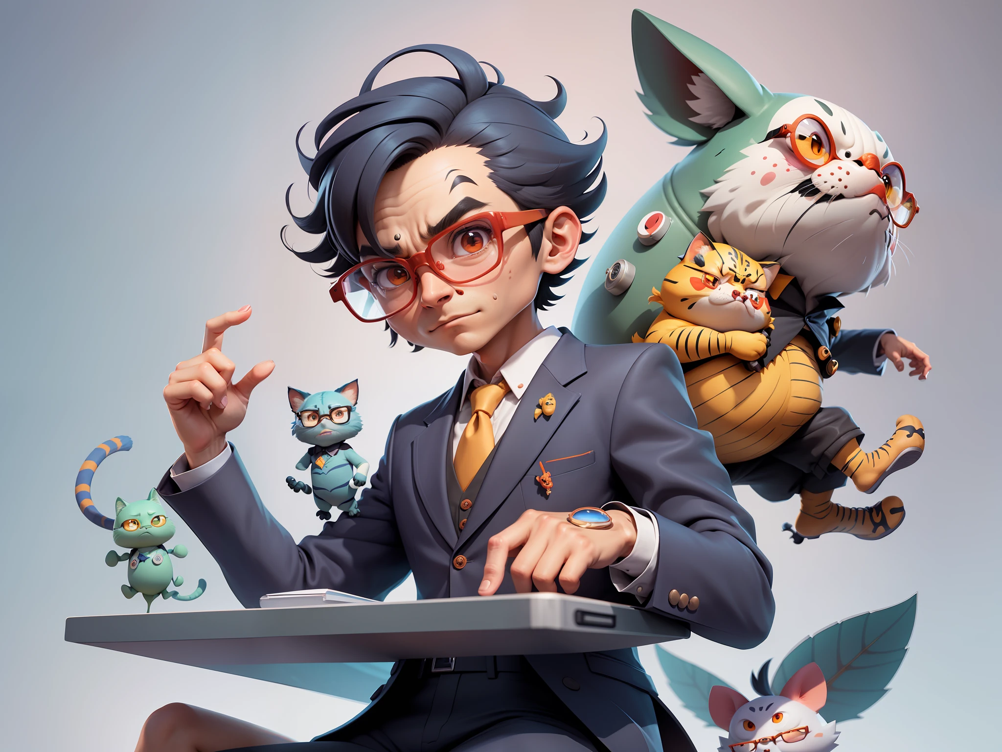 A young man in a suit, Short hair and glasses sat at his desk，holding laptop，digitial painting，tigre，3D character design by Mark Clairen and Pixar and Hayao Miyazaki and Akira Toriyama，4K HD illustration，Very detailed facial features and cartoon-style visuals。