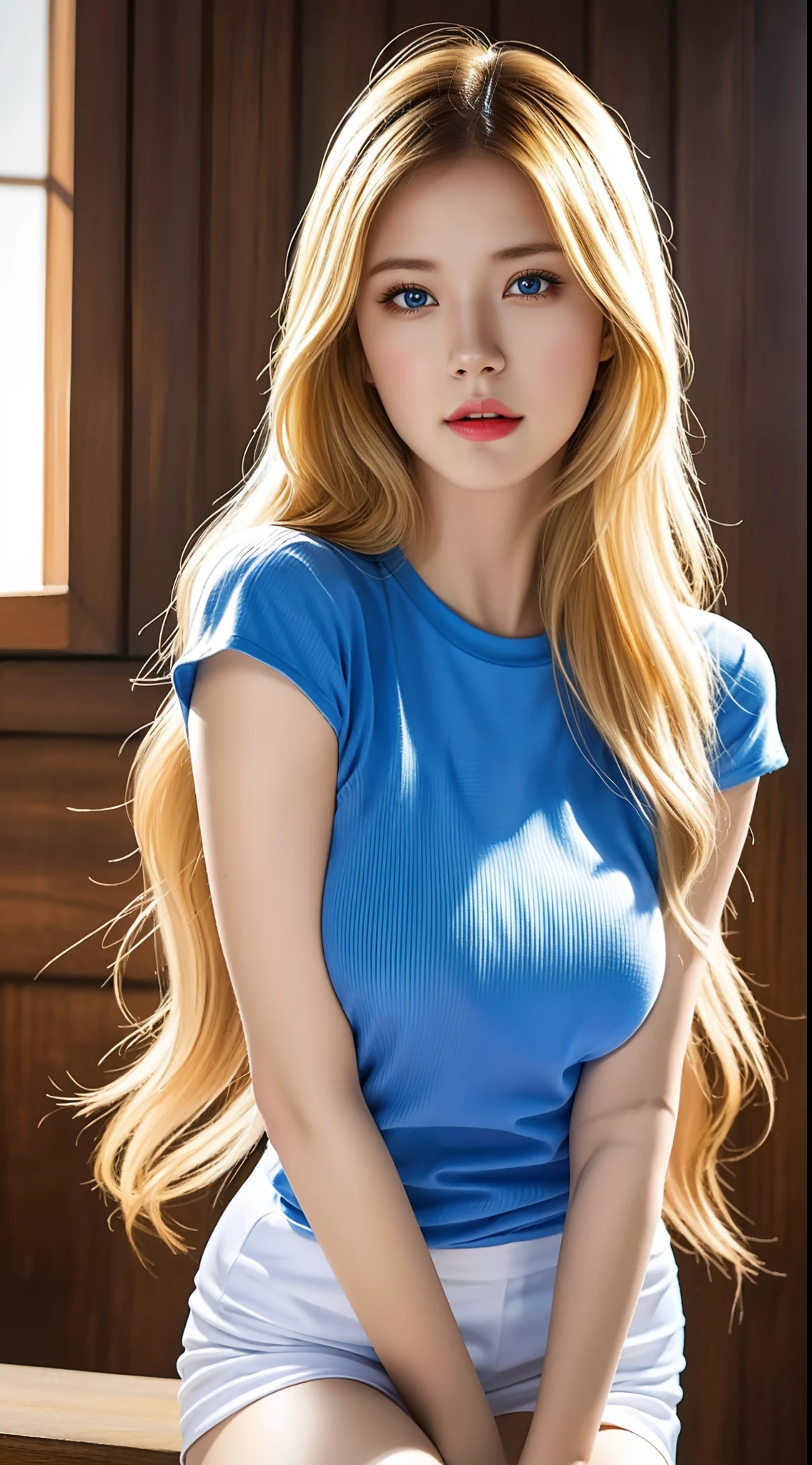 (hyperrealistic), (illustration), (high resolution), (8K), (extremely detailed), (best illustration), (beautiful detailed eyes), (best quality), (ultra-detailed), (masterpiece), (wallpaper), (photorealistic:1.4), (natural light), (rim lighting), (detailed face), high detailed realistic asian skin texture, anatomically correct, solo, 1 girl, (high detailed realistic long blonde hair:1.3), heterochromic eyes, (detailed blue eyes), small moles under the eyes, (big breasts:1.5), long legs, tight abs, dynamic pose, white tight yoga t-shirt, (upon body from head to thighs:1.4), sitting,
