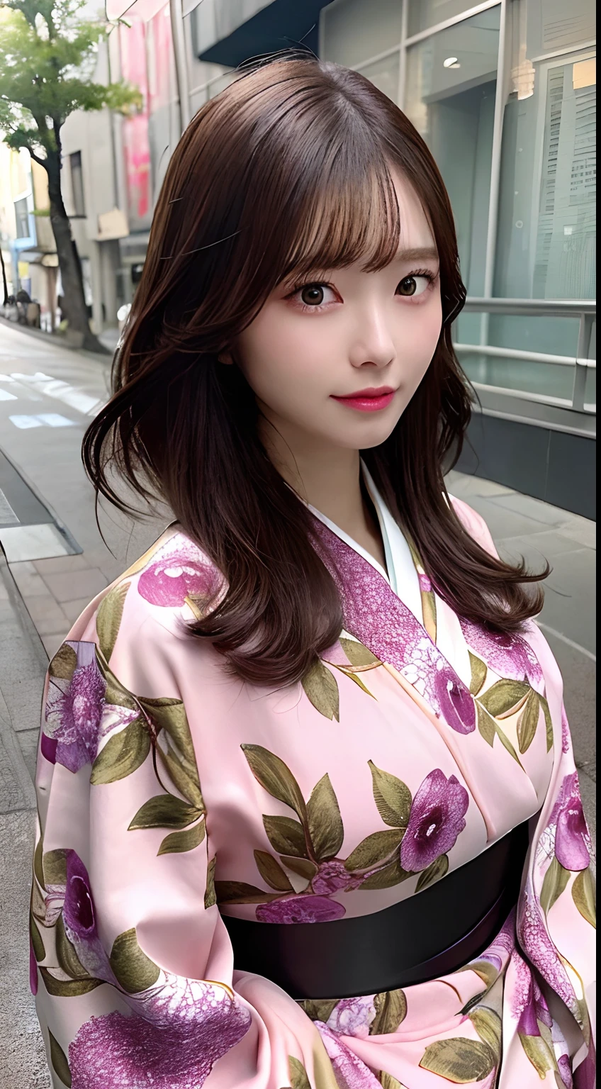 ((BEST QUALITY、8k、A Masterpiece：1.3))、Crisp focus：1.2、Beautiful woman in perfect style：1.4、Slender abs：1.2、((Dark Brown Hair、Big Boobs：1.2))、(Pink,、floral print、kimono ,:1.1)、Street:1.2、Very detailed face and skin texture、detailed eye、Double eyelidd