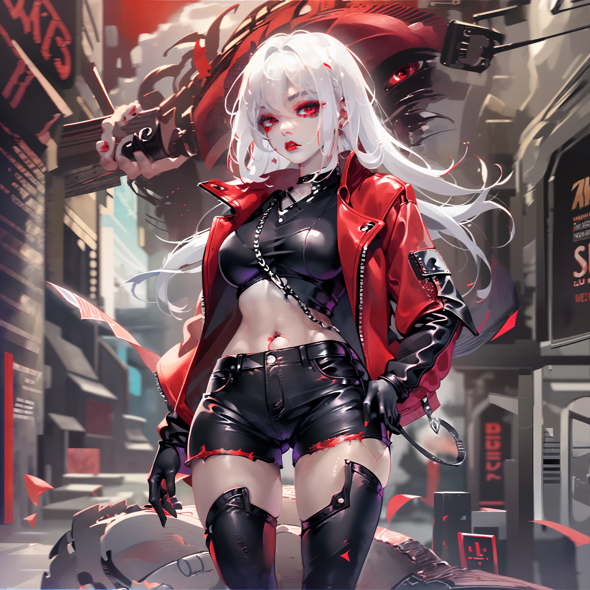 1 girl modeling for a magazine、(white  hair、Red eyes、a navel、Short leather jeans、Leather shorts)、Sexy Pose 1:2