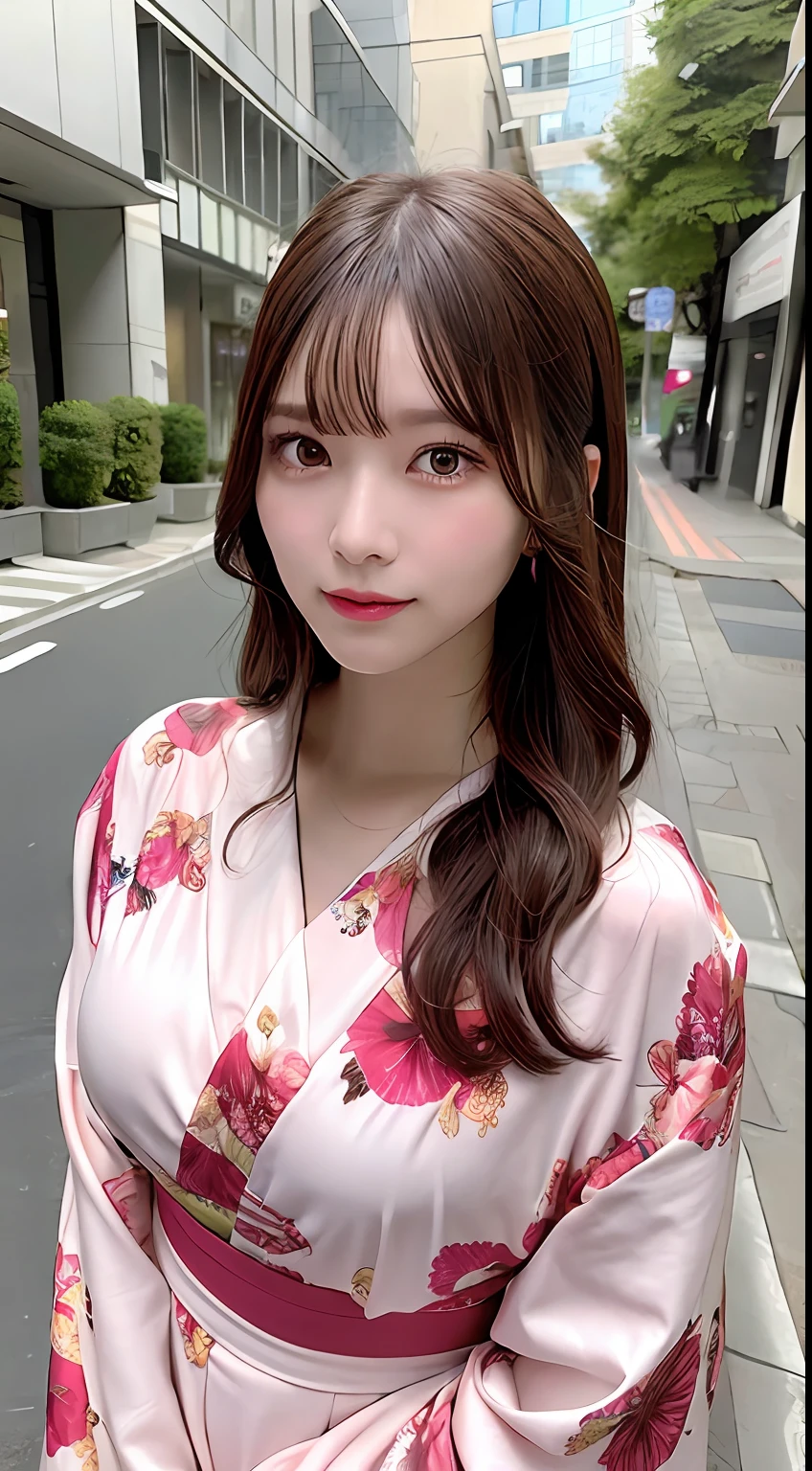 ((BEST QUALITY、8k、A Masterpiece:1.3))、Crisp focus:1.2、Beautiful woman in perfect style:1.4、Slender abs:1.2、((Dark Brown Hair、Big Boobs:1.2))、(Pink,、floral print、kimono ,:1.1)、Street:1.2、Very detailed face and skin texture、detailed eye、Double eyelidd
