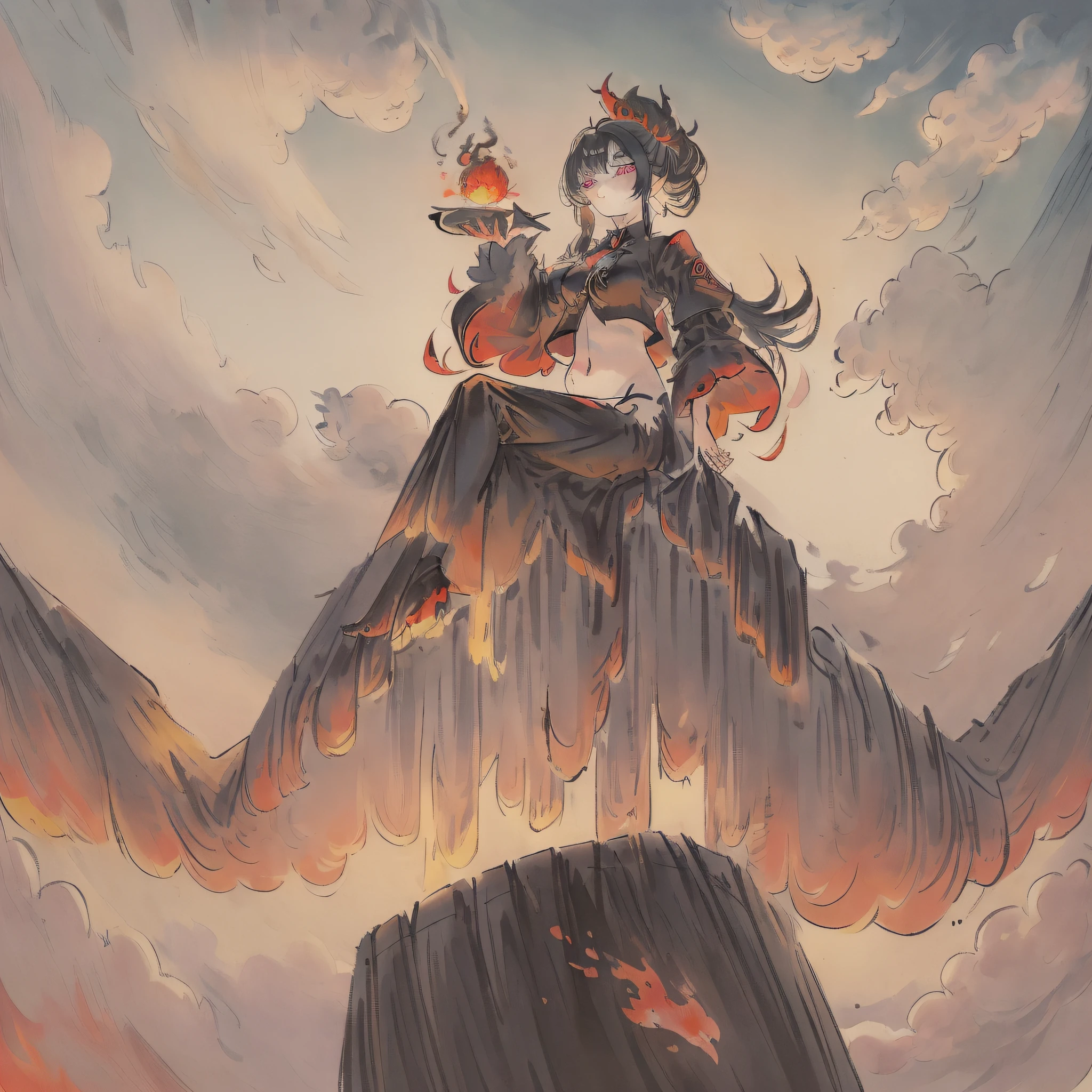 (((masterpiece))),best quality, illustration,beautiful detailed glow,(beautiful detailed eyes), (dark magician girl:1.1),big forhead,flower,large top sleeves,Floating ashes, Beautiful and detailed explosion, red moon, fire,Fire cloud, Wings on fire, a cloudy sky, smoke of gunpowder, burning, black dress, (beautiful detailed eyes),expressionless,beautiful detailed white gloves, Dove of peace, (floating cloud:1.2),azure hair,disheveled hair,long bangs, hairs between eyes, black kneehighs, black ribbon,white bowties,midriff,{{{half closed eyes}}},
