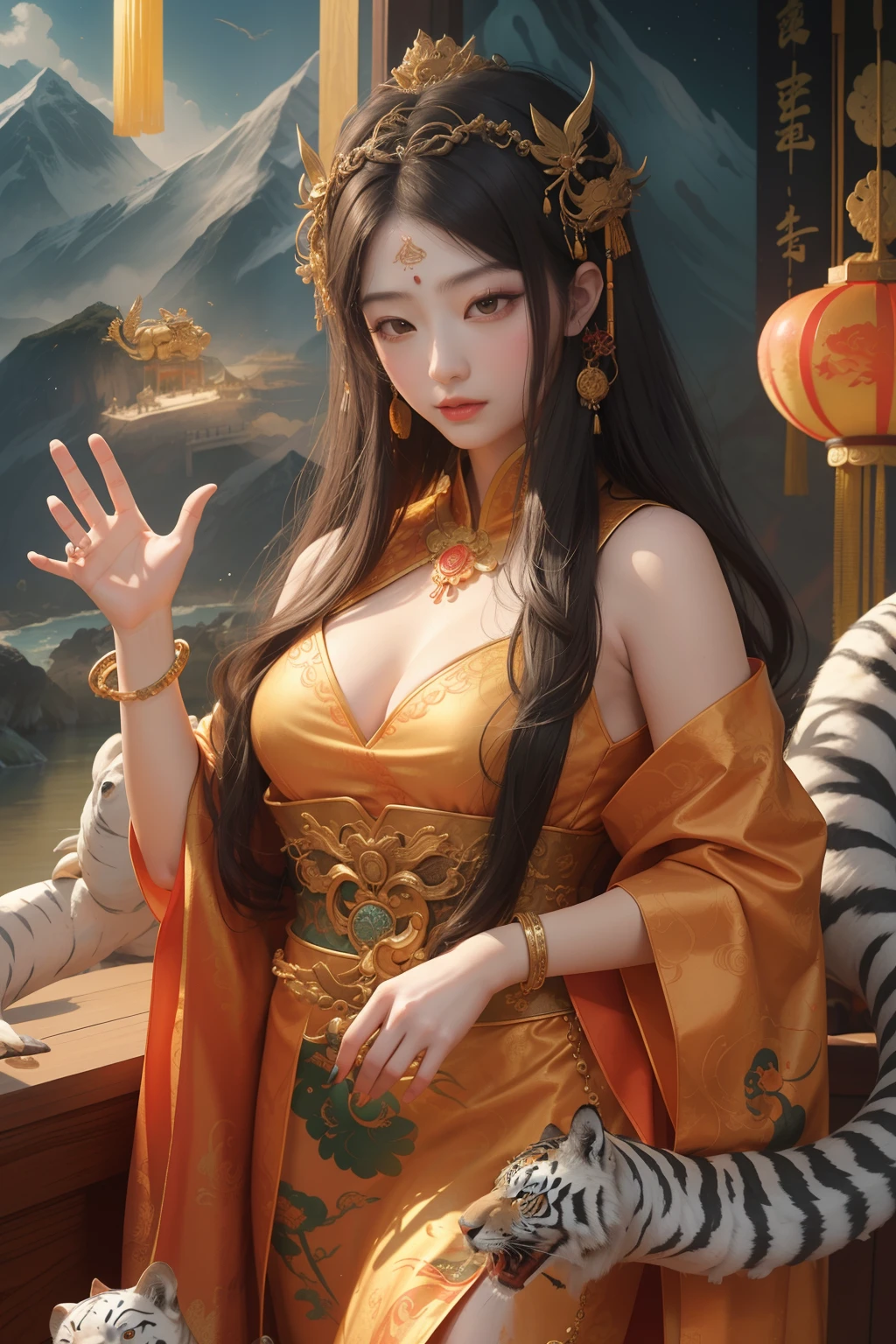 an ancient Chinese goddess, guanyin of the southern seas, Guanyin, Inspired by China, Avalokiteshvara rides a tiger,,Serene expression,shui mo hua,Buddha,Buddhist,Lotus,Chinese painting style,Thangka style