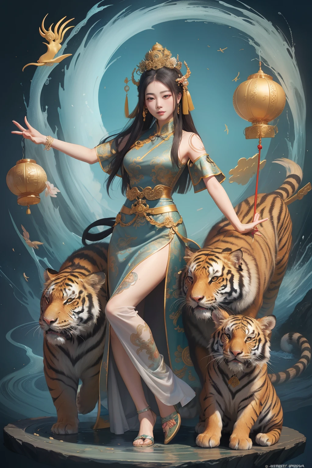 an ancient Chinese goddess, guanyin of the southern seas, Guanyin, Inspired by China, Avalokiteshvara rides a tiger，,Serene expression,shui mo hua,Buddha,Buddhist,Lotus,Chinese painting style,Thangka style