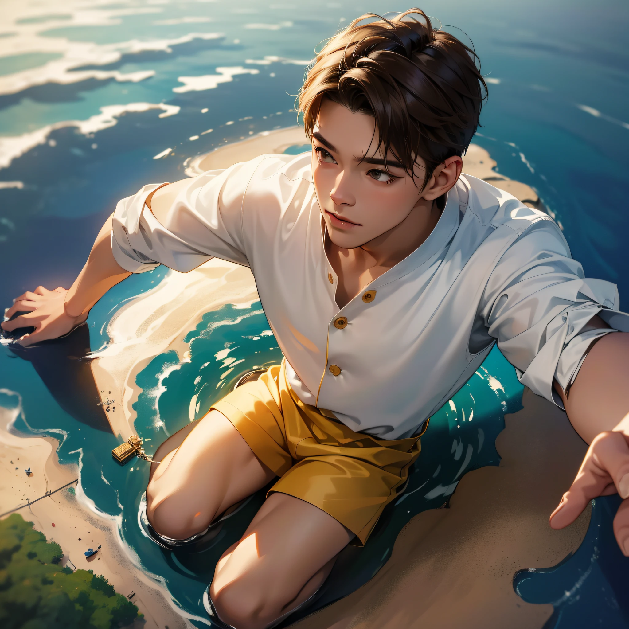 (in 8K、top-quality、masterpiece:1.2)、1 boy、short-haired、Hair short、Brown-skinned、Gold View、