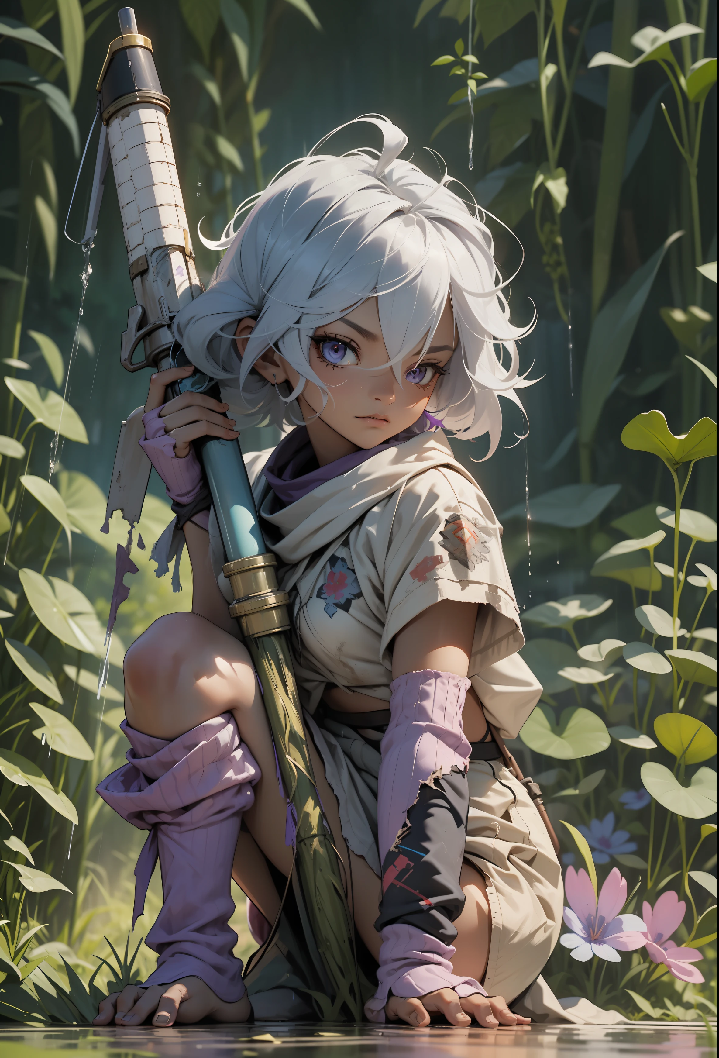 "A fierce 3-foot-4-inch warrior with tattered clothing and light purple skin, Tristana, holding a rocket launcher, stands firmly on the rain-soaked ground."