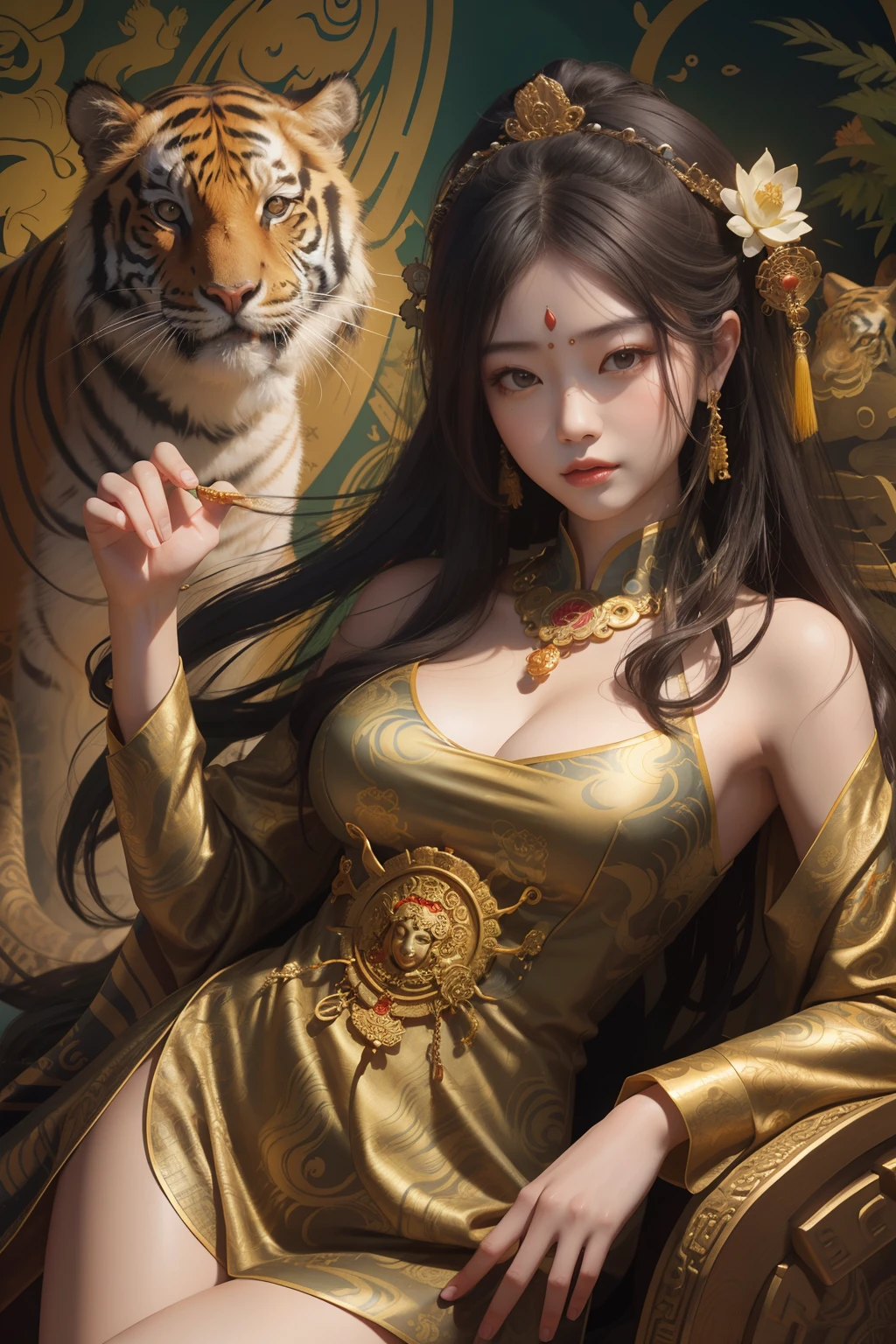 an ancient Chinese goddess, guanyin of the southern seas, Guanyin, Inspired by China, Avalokiteshvara rides a tiger，,Serene expression,shui mo hua,Buddha,Buddhist,Lotus,Chinese painting style,Thangka style