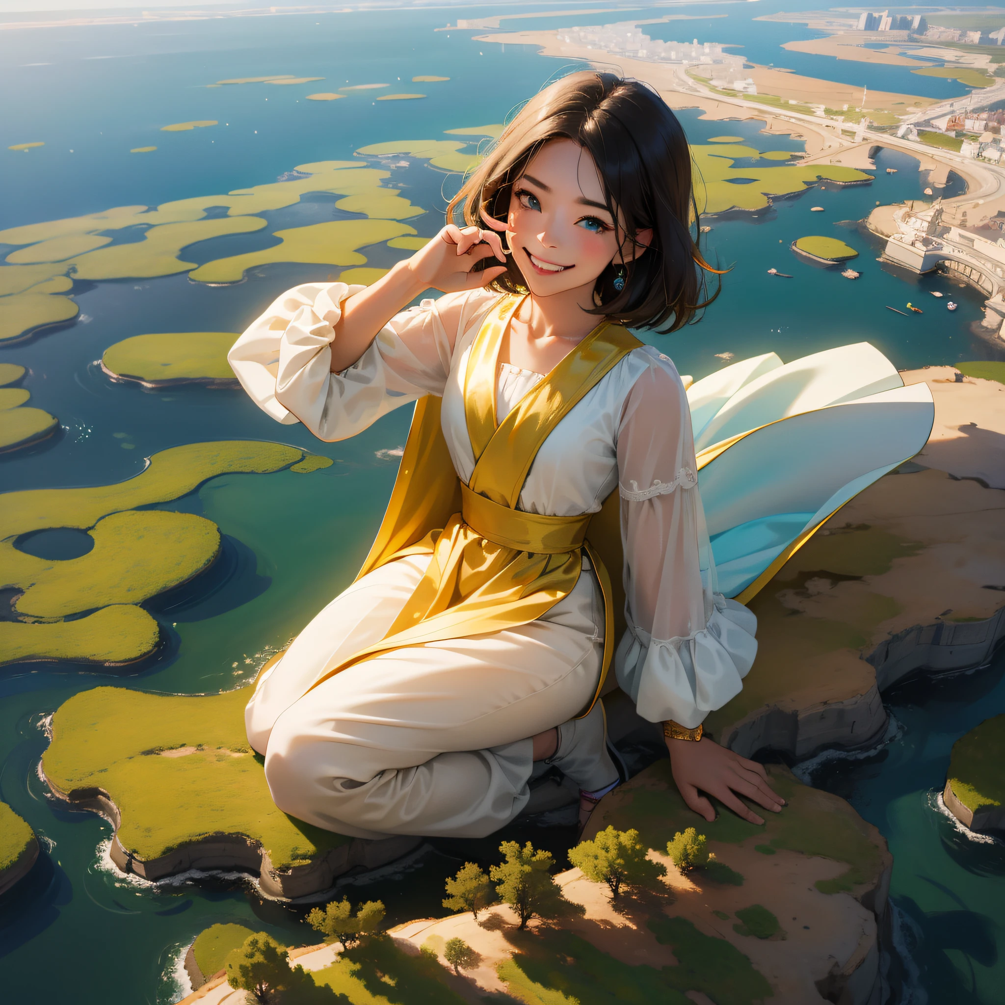 （in 8K、top-quality、​masterpiece:1.2)、1人の女性、(Smiling smile:1.1)、beautidful eyes、Valley、The upper part of the body、shorth hair、Like a boy 、Quirk hair、short-cut、Gold View、