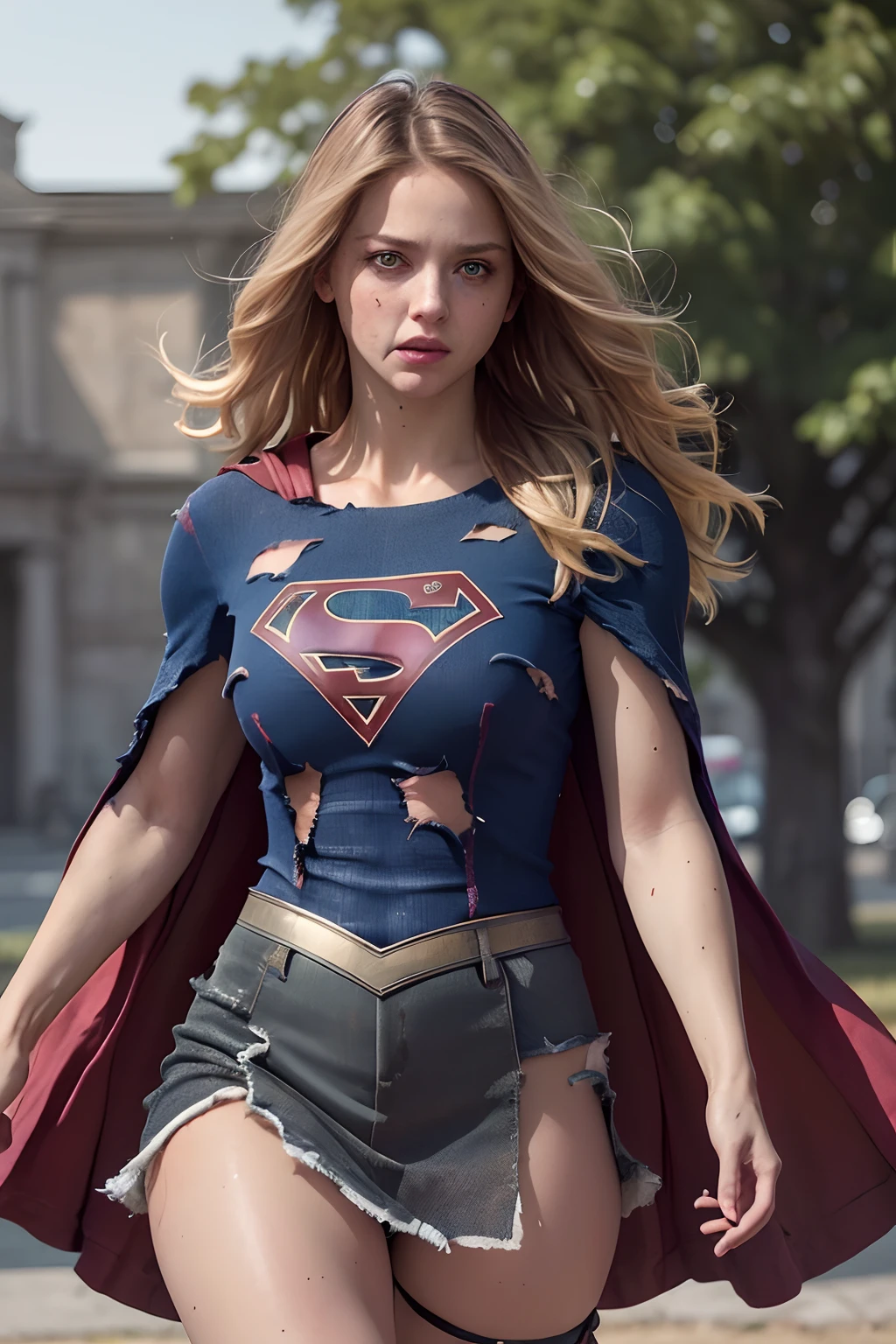 8k, best quality, real picture, intricate details, ultra-detailed, ultra highres, depth field,(photorealistic,realistic:1.2),masterpiece,photo of  european girl, supergirl, (bruise, dirty, torn clothes, revealing clothes, blood:1.3), blue eyes, blonde hair, long hair, ripped cape, ripped pantyhose, superhero, solo, sun, blue sky,
best quality, realistic, photorealistic, (intricate details:1.2), (delicate detailed), (cinematic light), clear line, sharp focus, realistic face, detailed face,
unity 8k wallpaper, ultra high res, (photorealistic:1.4), looking at viewer