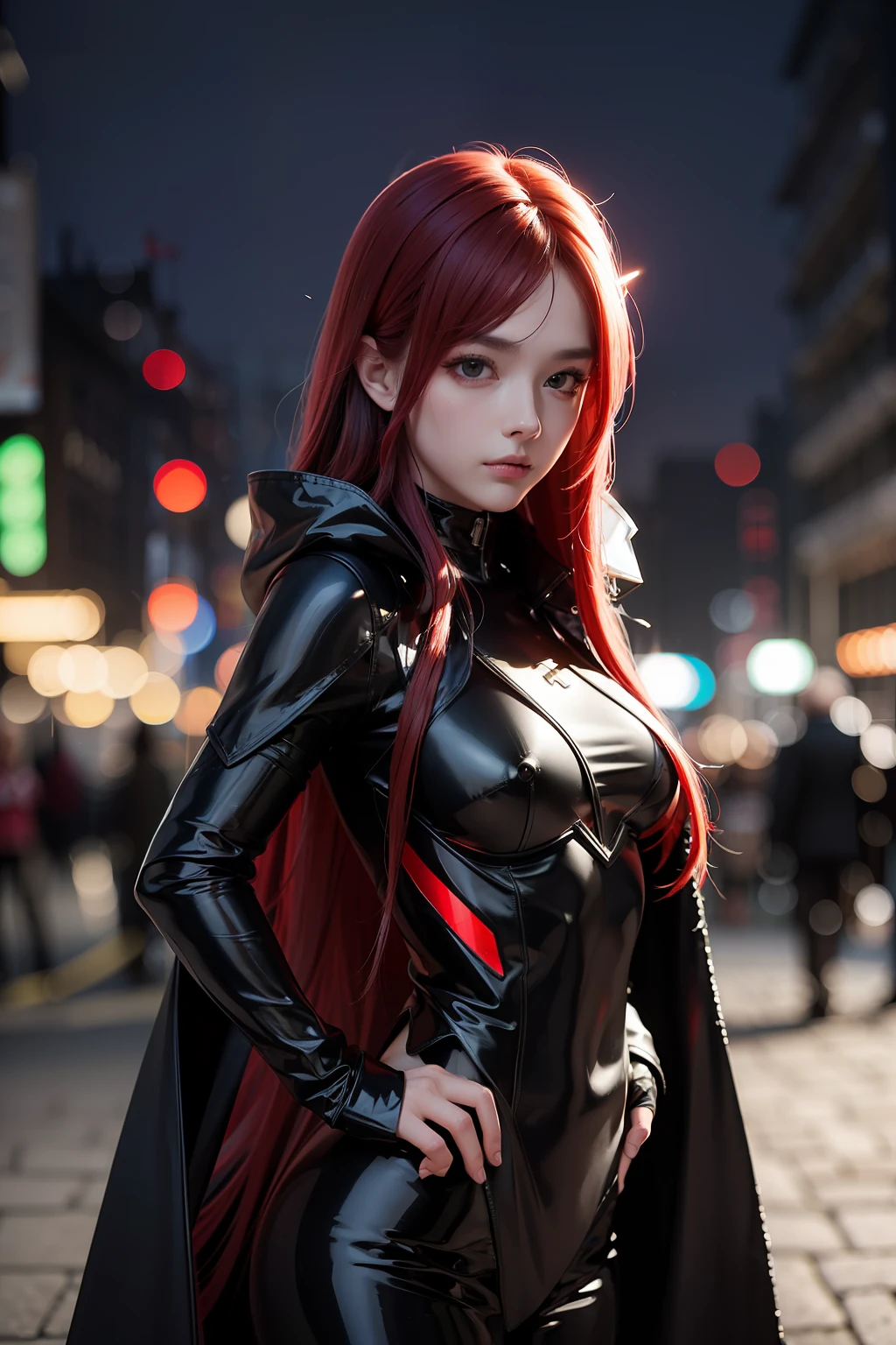 Dark Cyberpunk City、black long cloak、Wearing a red and silver metallic bodysuit、 old pretty girl, Very long hair, Red hair, small tits、masutepiece, Hyper realistic, 8K, Bokeh, Wearing a metal helmet、Fire Luminescent, Each part of the body glows red、