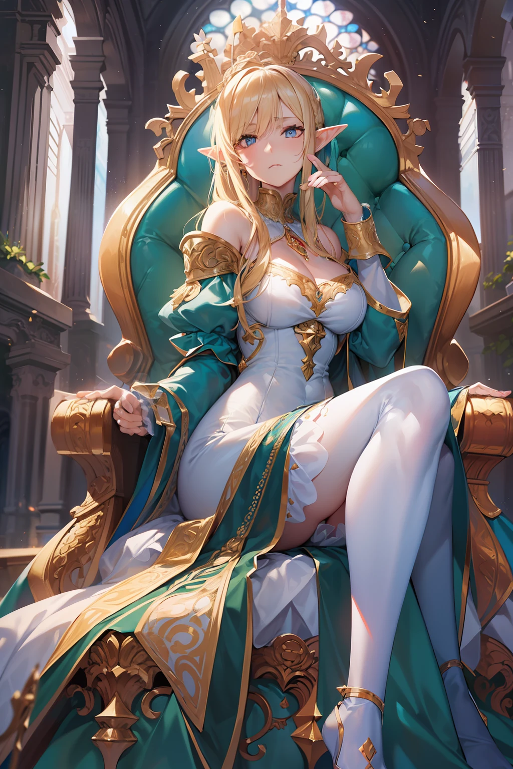 (Realistic), (Highres), 4K, 8K, Detailed Illustration, Ultra-Detailed, Ambient Light, Backlighting, Realistic Shadows, Glowing Particles, Light Particles, Digital Art, Detailed Face, Detailed Hair, (Hyper-Detailed Eyes:1.2), Soft Light, Soft Lighting, (Outdoors:1.15), Renaissance, Renaissance Architecture, Hyper Detailed Architecture, Vintage Windows, Red Curtains, (Throne:1.4), (Sitting on Throne:1.2), Front, Frontal, Huge Throne, Ornate Throne, Royal Throne, Massive Throne, (Blonde Hair:1.15), Bangs, Shiny Hair, short braids, Blue Eyes, Closed Mouth, Dignified Expression, Emotionless, Calm, Confident (Solo:1.4), Mature Female, Sexy Elf Woman, Full Body, Toned Thighs, Narrow Waist, Round Hips, (Huge Perky Breasts:1.1), Crossed Legs, (Crossed Arms:1.1) (Elegant Blue Dress:1.1), Ornate Clothes, Ornate Dress, (Blue Off-Shoulder Dress:1.1), Bare Shoulders, Skindentation, (Blue Dress:1.1), (White Puffy Sleeves, Long Sleeves, Juliet Sleeves:1.1), Long Sexy Dress, cleavage, covered , (Ballroom Gown:1.3), (Frilled Dress:1.3), (Jewelry:1.15), Collar, Gorget, Gold-Trim, Regalia, Knight (NSFW)