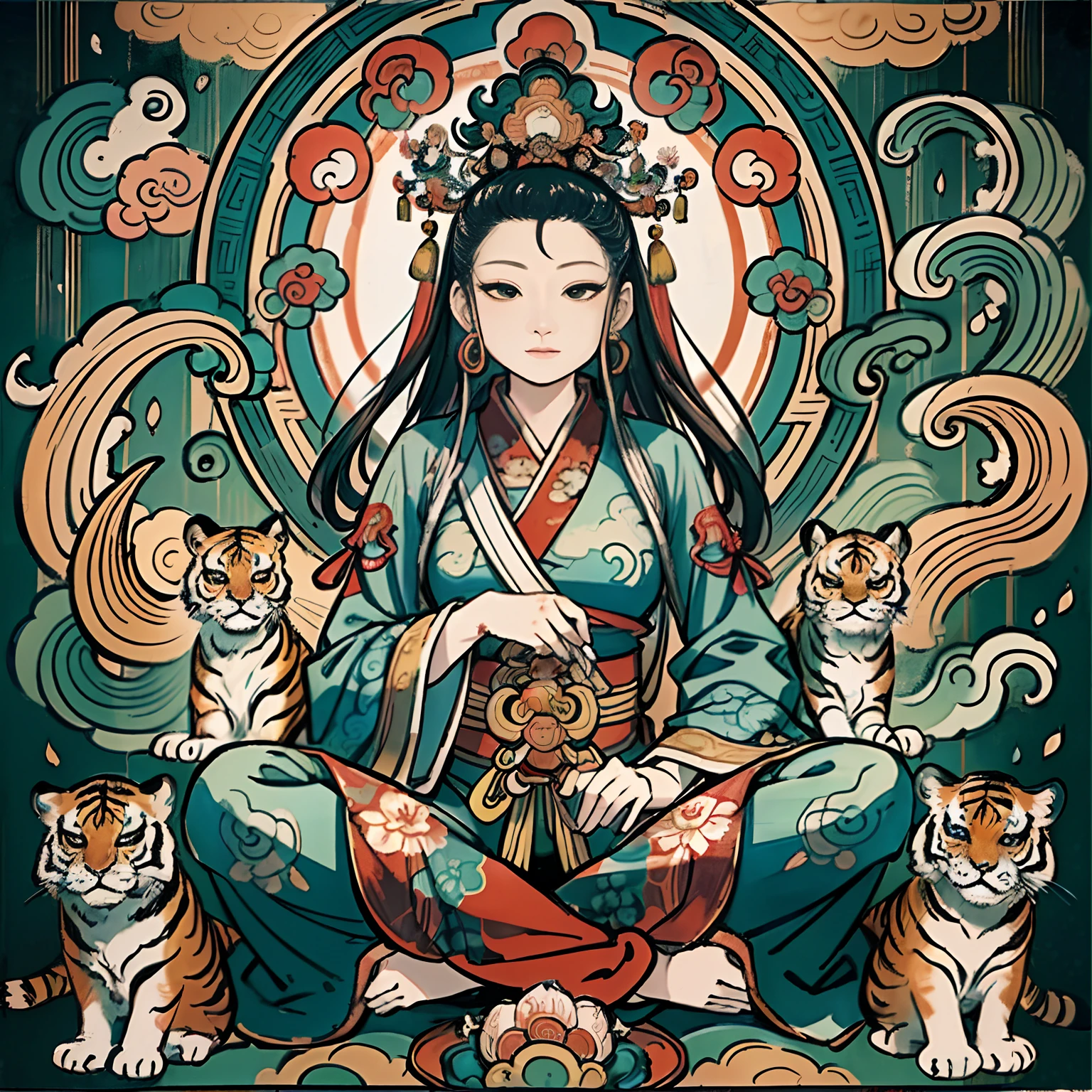 an ancient Chinese goddess, guanyin of the southern seas, Guanyin, Inspired by India, Avalokiteshvara rides a tiger,,Serene expression,shui mo hua,Buddha,Buddhist,Lotus,Chinese painting style,Thangka style