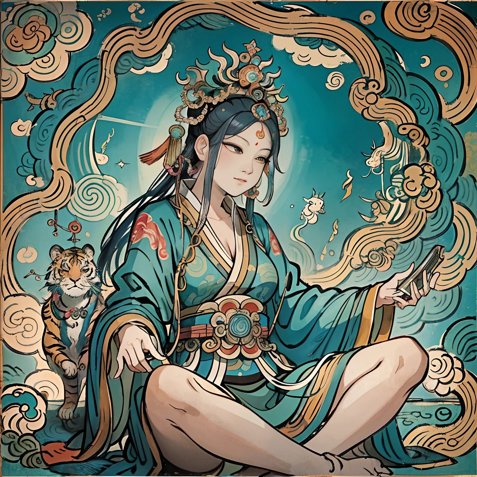 an ancient Chinese goddess, guanyin of the southern seas, Guanyin, Inspired by India, Avalokiteshvara rides a tiger,,Serene expression,shui mo hua,Buddha,Buddhist,Lotus,Chinese painting style,Thangka style