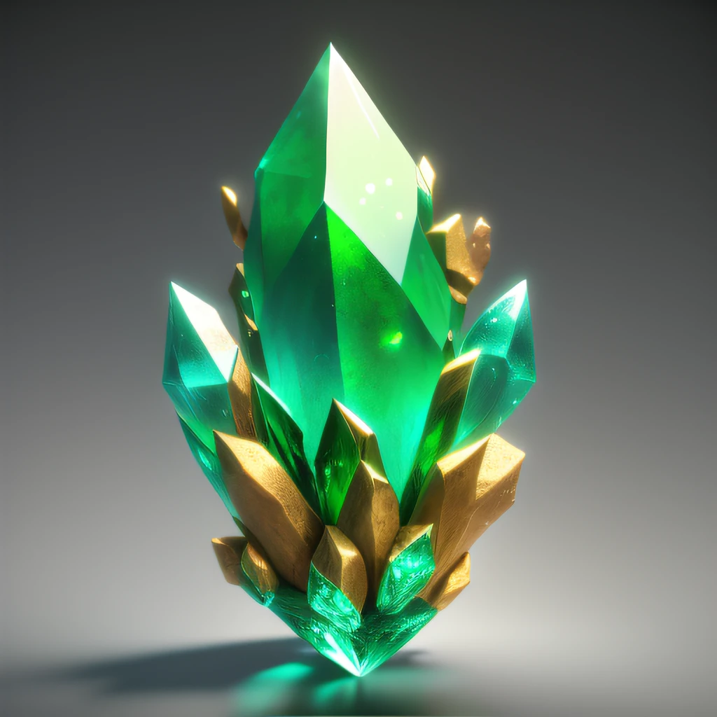 Close-up of green spar, Green crystal, game icon asset, emerald artifacts, glowing green crystals, thin green glassy crystal shards, selling a gem, Crystal Shard, Gemstone, ashes crystal, herrarthstone, emeralds, green aura, detritos, Pedras preciosas, crystallic，Stylized 3D rendering，No Man，There is no human body，NO double hands