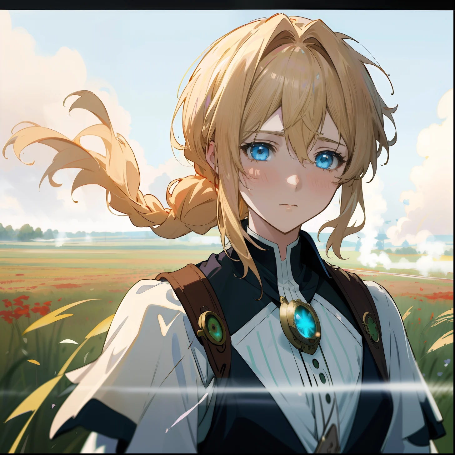 Best quality, masterpiece, highly detailed, anime, 1 girl, upper body, this painting depicts a beautiful girl in a green M40 field suit, perfect face, blonde hair, blue eyes, glowing eyes, slightly messy hair, M40 field suit, battlefield background, looking at the audience, exuding a sad atmosphere, a blonde girl with blue eyes, in the animated film, violet Evergarden, anime movie screenshots, today's featured anime stills, anime vision of cute girls, the whole painting uses ((( mist))) aesthetics, the performance of light and shadow effects is comparable to the color effect of color photon effects. This lady looks very feminine, but with some braid elements, and the image is very detailed.