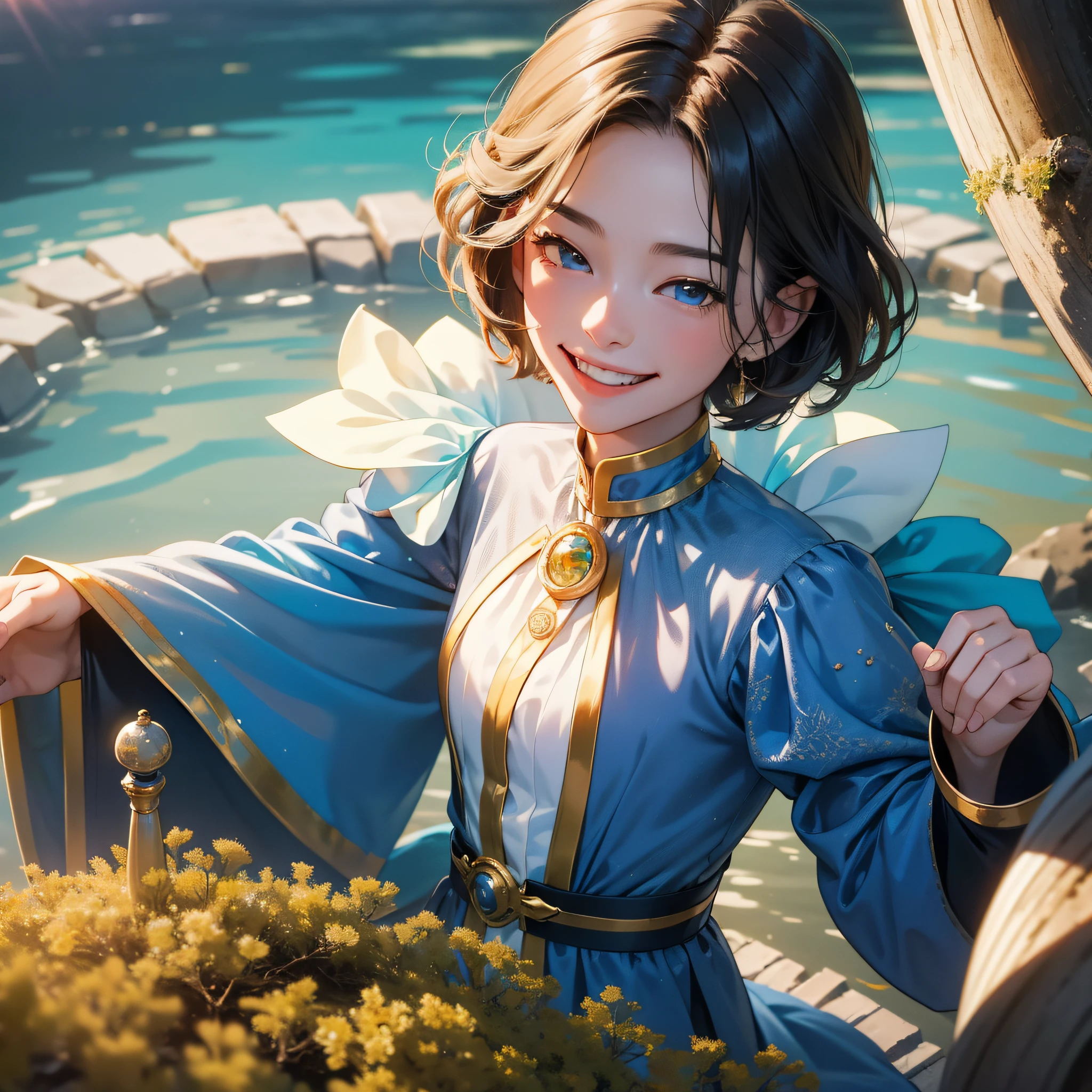 (in 8K、top-quality、masterpiece:1.2)、1人の女性、(Smiling smile:1.1)、beautidful eyes、Valley、The upper part of the body、shorth hair、Like a boy 、Quirk hair、short-cut、Gold View、