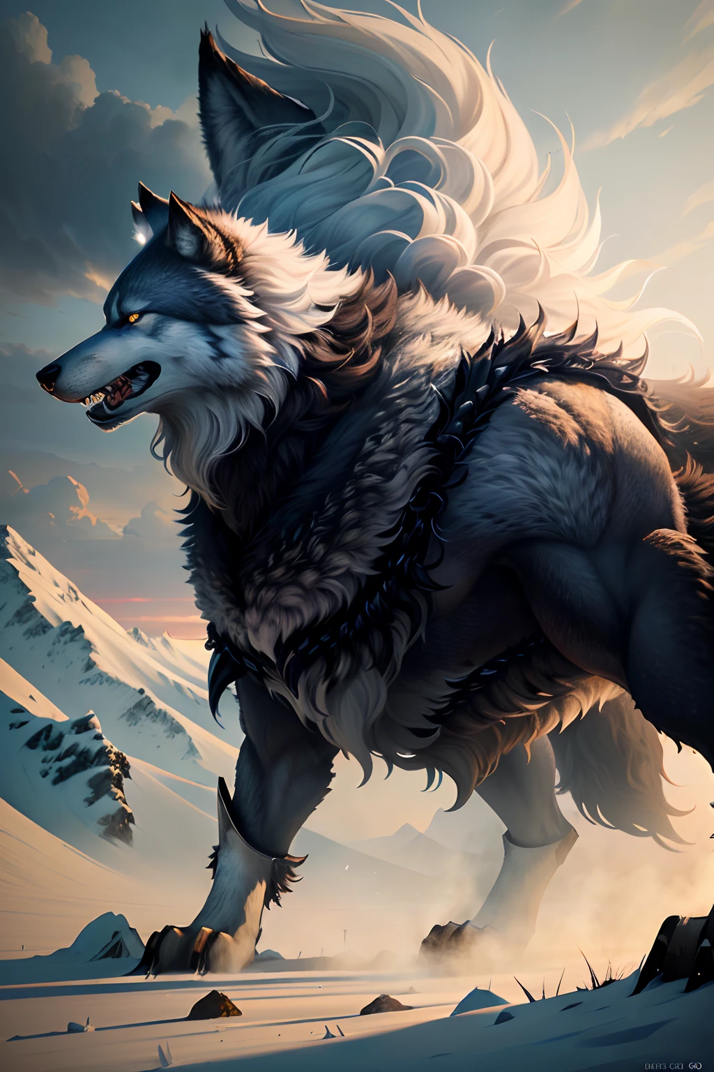 fenrir, very very beautiful furry art, Dramatic cinematic details fur, large wolf, howling, tosen, Detailed fanart, Realistic illustration, Realistic picture, dire wolf, A high resolution,4k