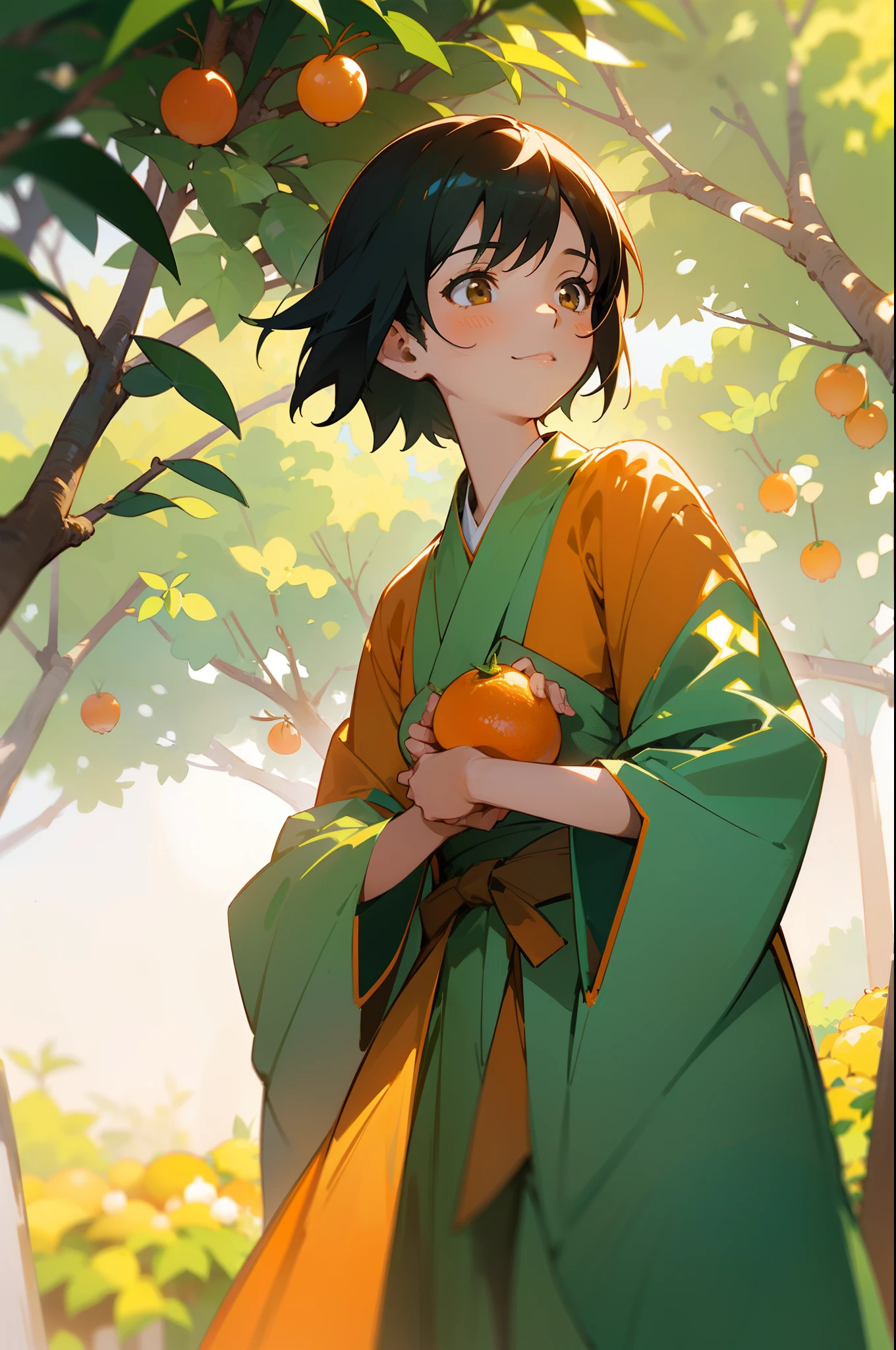 Illustration of a girl holding a fruit under an orange tree,cheerfulness,of a real, in the style of makoto shinkai, jessica drossin, Kawasi, rural life scenes, Green, Sui Dynasty, Charming characters,Dreamy light and shadow,Beautiful anime girls,A girl in Hanfu,Fruitful orange groves