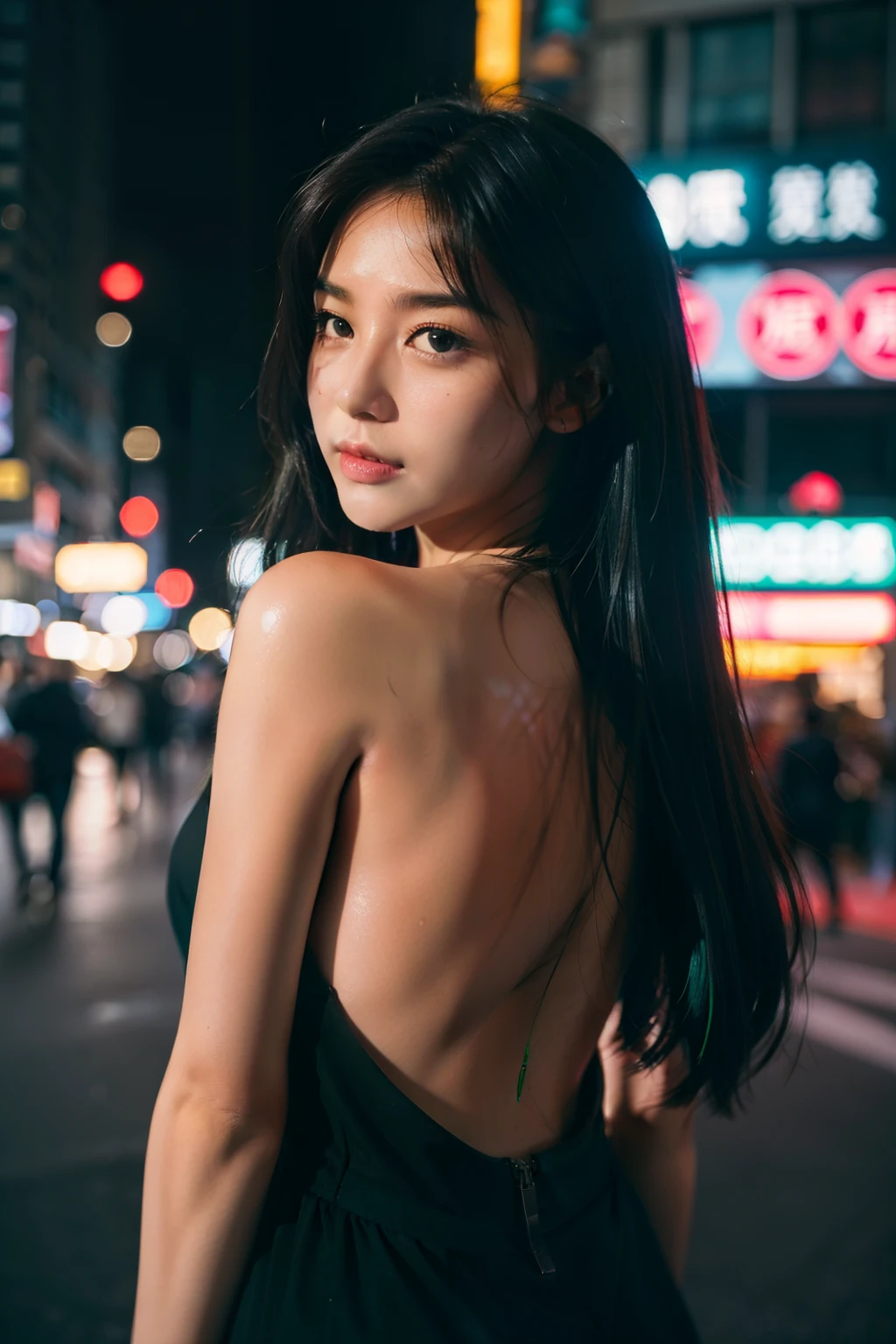 Girl in bustling metropolis, Navigate crowded streets and dark alleys，Look back with your back, close-up all over the body, Detailed clothes, Green eyes, Flowing hair, determined expression, Glossy glossy skin, Subsurface scattering, (Sharp:0.7), [(colorful explosion psychedelic paint colors:1.21)::0.05], Amazingly fine detail, Nikon D850 Film Stock Photo Kodak Portra 400 Camera F1.6 shots, Rich colors, Lifelike texture, Dramatic lighting, urban surroundings, skyscrapper, Neon signs, street vendors, Dynamic composition, illusory engine, trending on artstationh, Cinestill 800 tungsten