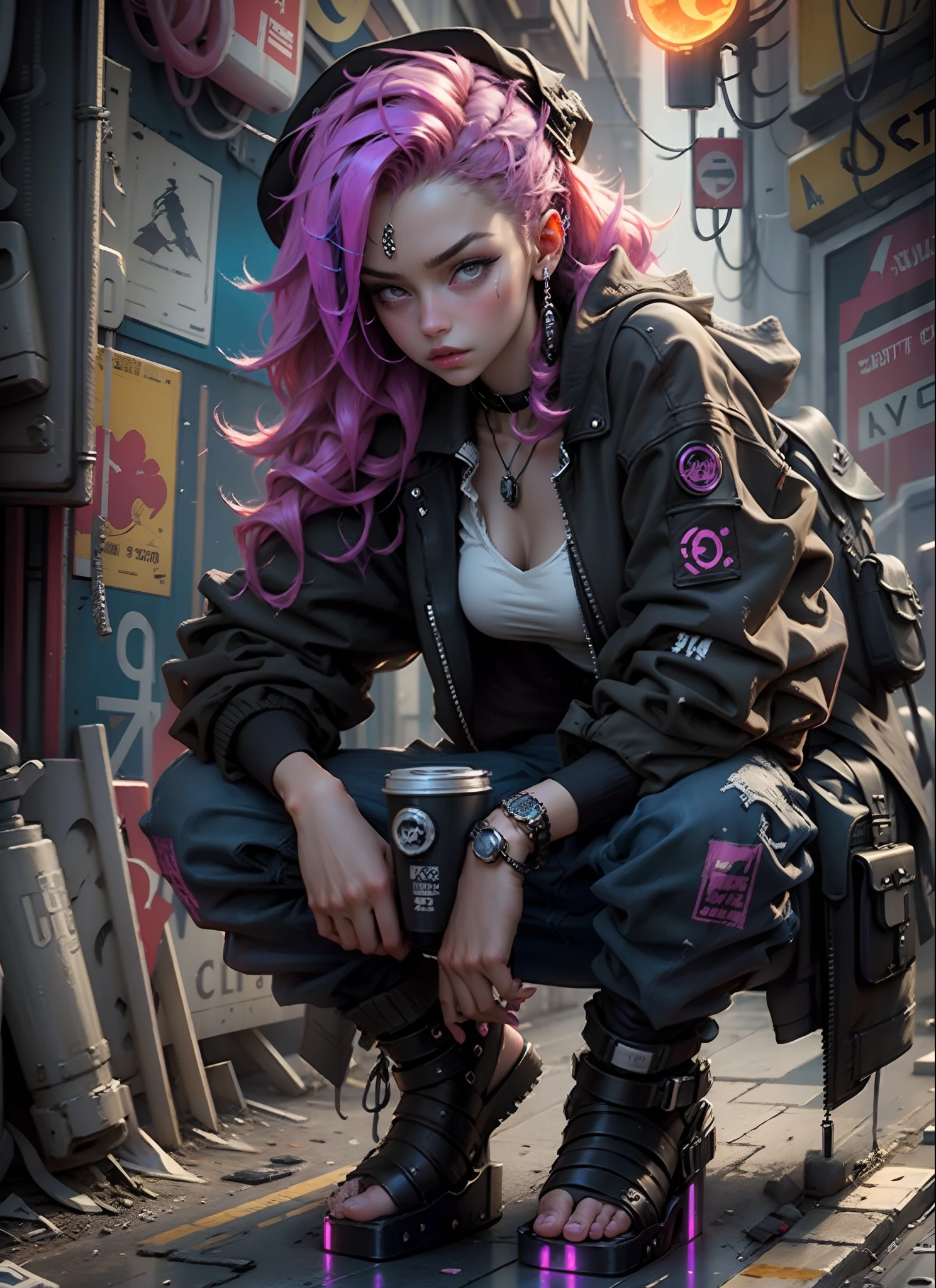 Beauty in the hair,wearing hat,Cyberpunk-inspired short outfits,Flame it up,Sitting down,kneeling down,Huge bust