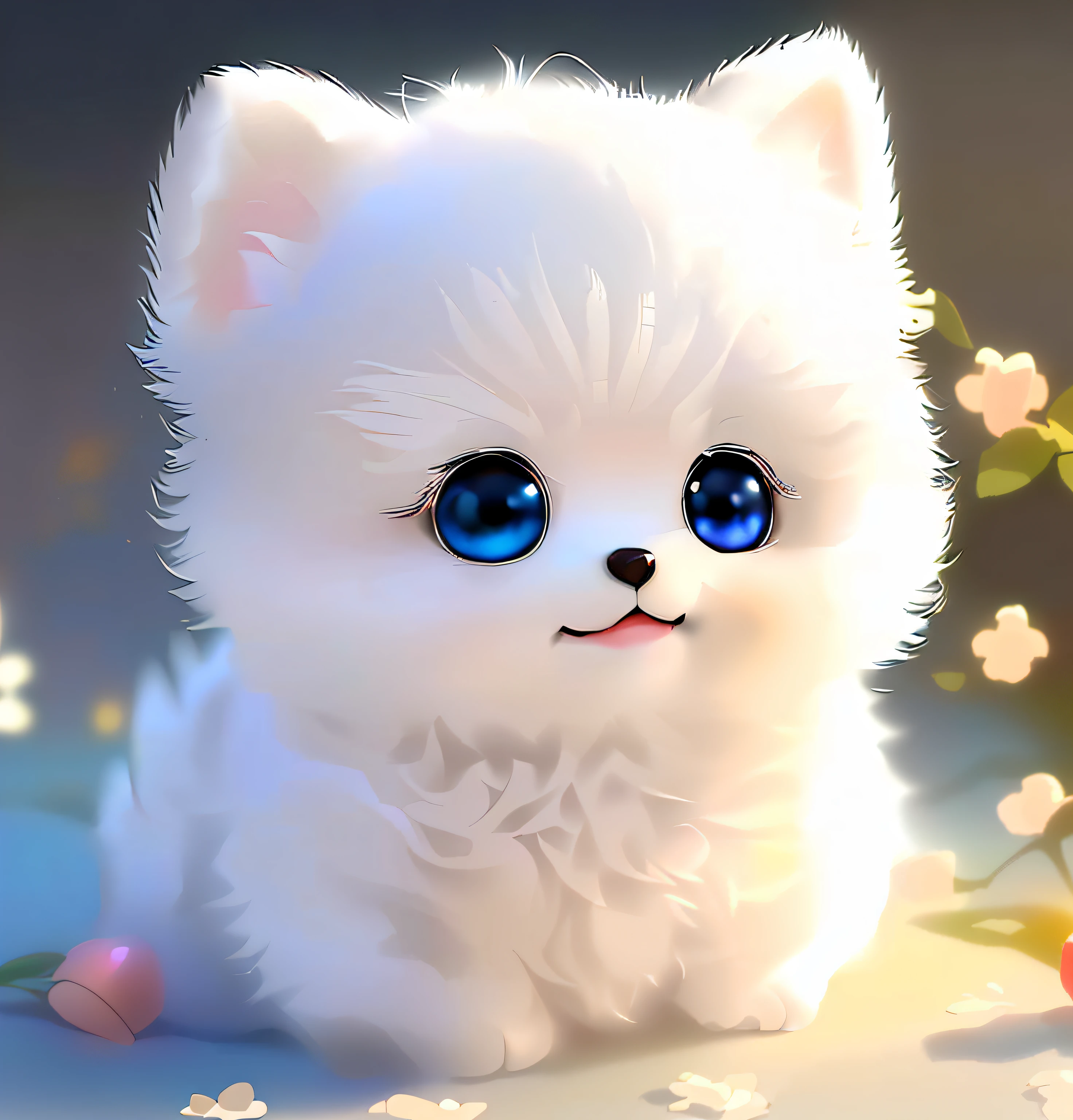 On the table sat a white-eyed dog with black eyes, adorable digital art, Cute detailed digital art, kawaii cute dog, lovely digital painting, Cute dog, dream animal cute eyes, cute animal, Cute anime, Beautiful and cute, cute cute, cute cute, Cute cartoon, cute artwork, cute detailed artwork, with cute doting eyes