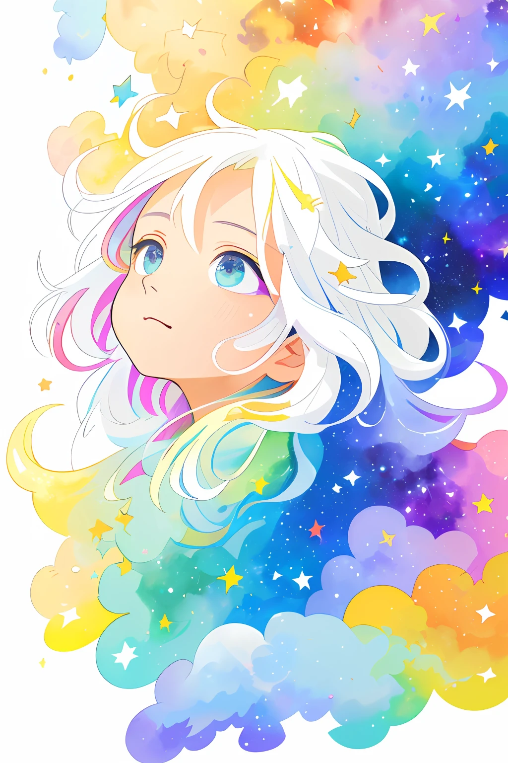 ((masterpiece)), (((best quality))), ((ultra-detailed)), ((illustration)),[realism light effect],shadow,(Fantasy style),(white background:1.6), simple background, (earth theme),(a cloak)[(hair focus,((1girl)),[(big slime hair): (cloud hair):0.3], (hair on background),(high saturation),(hair surrounded by galaxy splashes),)):((her hair is becoming galaxy clouds,:1.27628), (hair and clothes is galaxy clouds and cluster of stars:1.1025),(a cloak is becoming galaxy clouds)(colorful_galaxy_print_clusters_of_stars_print:1.35),((detailed starry sky with colorful galaxy and galaxy clouds):1.2)):0.35], (((masterpiece))),(((best quality))),((ultra-detailed)),(illustration),(dynamic angle),((floating)),(paint),((disheveled hair)),((beautiful detailed face)),collar,bare shoulders, ((colorful hair)),((streaked hair)),beautiful detailed eyes,(Gradient color eyes),(((colorful eyes))),(((colorful background))),(((high saturation))),(((surrounded by colorful splashes))),(((surrounded by colorful dot))),colorful bubble,((shining)),