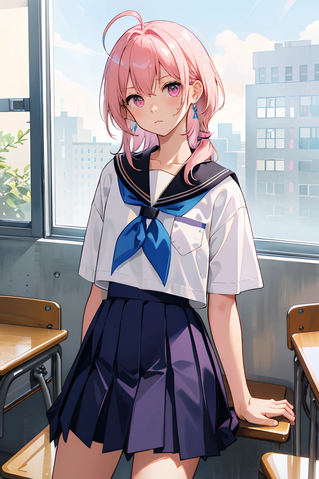 (Masterpiece), ((Best Quality)), (Super Detail), 1 Girl, Pink Hair, Small, Short Sture, Medium Long Hair, Ahoge, School, Classroom, 14 years old, School Uniform, Skirt, Socks, Serafuk, Neckerchief, Sailor Color, Pleated Skirt, White Socks, Blue Skirt, Short Sleeve, Shirt, White Shirt, Blue Sailor Color, Blue Neckerchief ,, Blush, Bangs, Frown, Pink Eyes, perfect hand, hand detail, modified fingers. earrings, looking_at_viewer, top quality, rich details, perfect image quality,