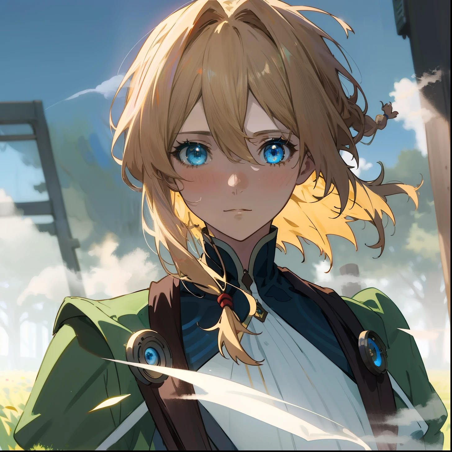 Best quality, masterpiece, highly detailed, anime, 1 girl, upper body, this painting depicts a beautiful girl in a green M40 field suit, perfect face, blonde hair, blue eyes, glowing eyes, slightly messy hair, M40 field suit, battlefield background, looking at the audience, exuding a sad atmosphere, a blonde girl with blue eyes, in the animated film, violet Evergarden, anime movie screenshots, today's featured anime stills, anime vision of cute girls, the whole painting uses ((( mist))) aesthetics, the performance of light and shadow effects is comparable to the color effect of color photon effects. This lady looks very feminine, but with some braid elements, and the image is very detailed.