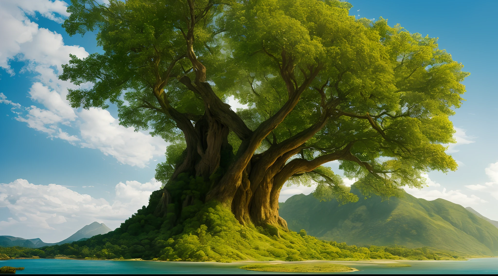 (RAW photo,high quality, masterpiece:1.2),illustration,fantasy,photography,colossal tree,clouds,mountain,water,bloom,HDR