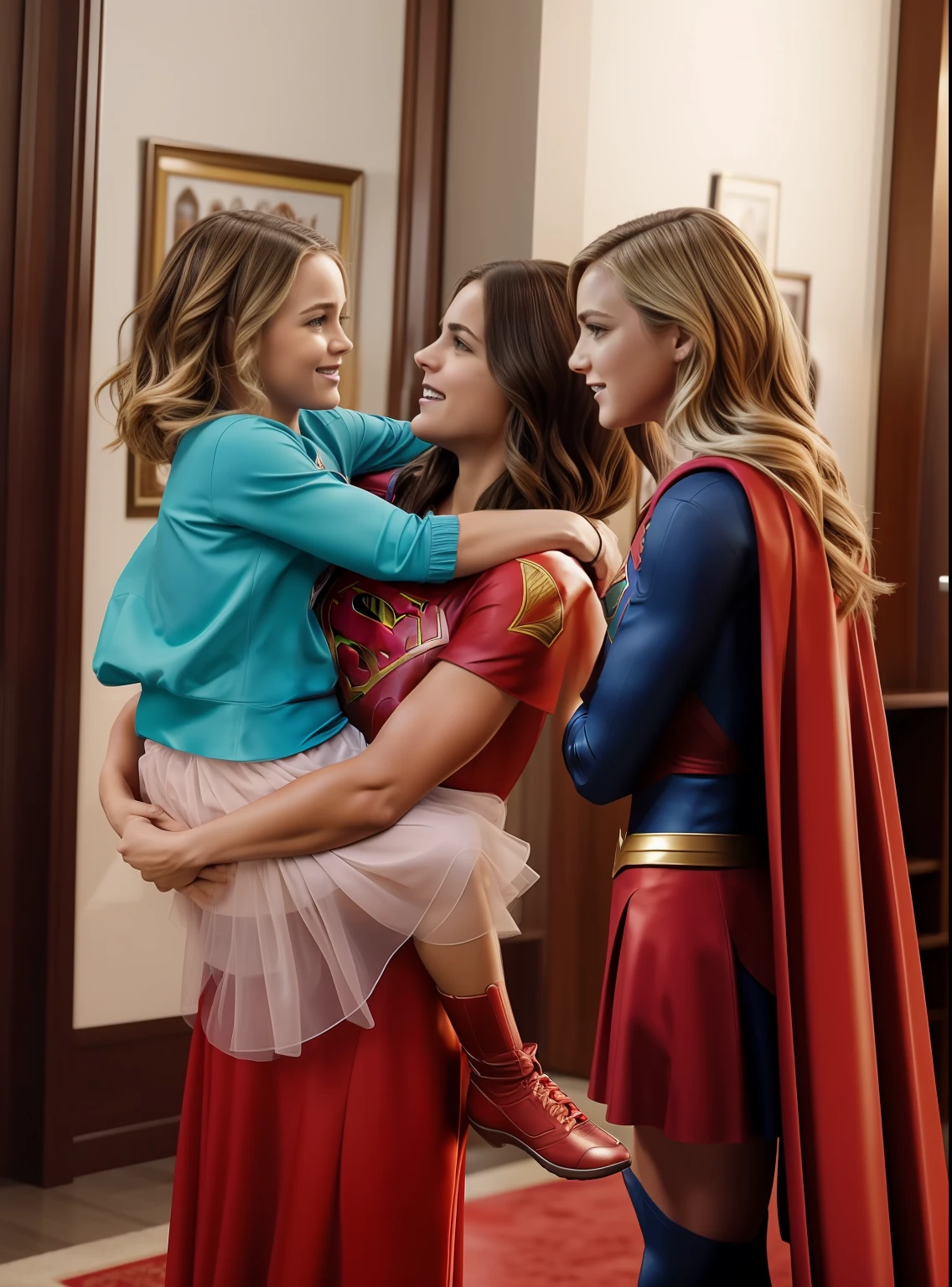 The image depicts a scene in which several individuals are present, focando principalmente em uma pessoa vestida como Supergirl. The character Supergirl is seen hugging a young woman, showing an affectionate interaction between them.
A imagem consiste predominantemente na personagem Supergirl, which appears several times throughout the image, suggesting movement or duplication. The figure of Supergirl is placed centrally, with other individuals positioned around you.
Beyond the people, There are also two instances of text present in the image. O texto "WEINZAPFEL" is visible to the center-right side of the image, e o texto "UMBLR COM" is located below it.
Geral, The image shows an animated scene with several people, com o foco central na personagem Supergirl.