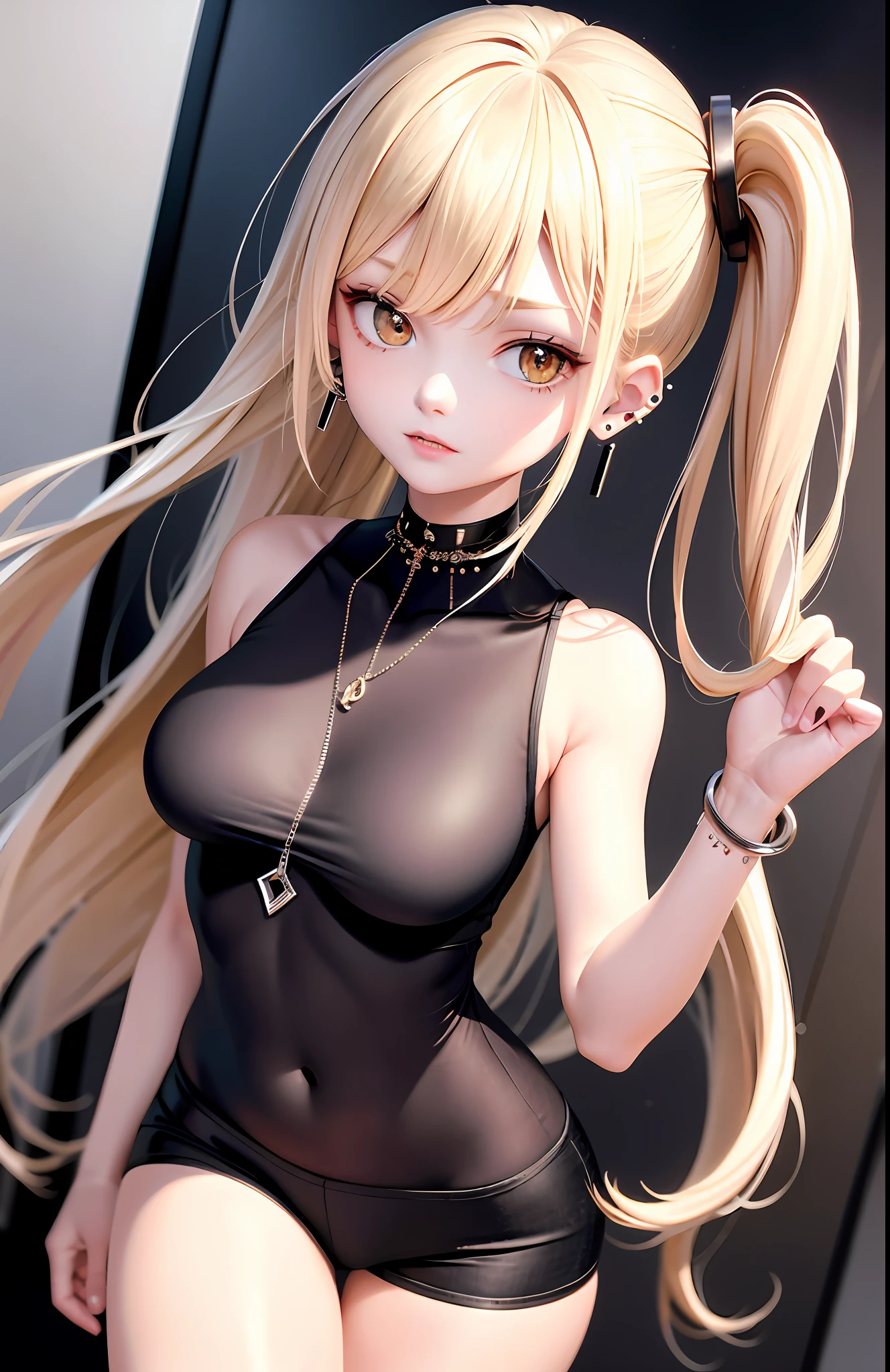 optimum,tmasterpiece,A high resolution,best qualtiy,hyper HD,super detailing,Award-Awarded,16k,独奏,(The upper part of the body),anatomy correct,Beautiful cyberpunk girl,Ex Machina,cute face,high light,Gradient Beige Hair,Hairline,((Scarlet eyes)),long eyelasher,Hanging eye corners,White skin of the,(small boobs),(Slim body),((The shirt)),((sweat shorts)),(),ear studs,(neck rings),(Laser material clothing:1.2)