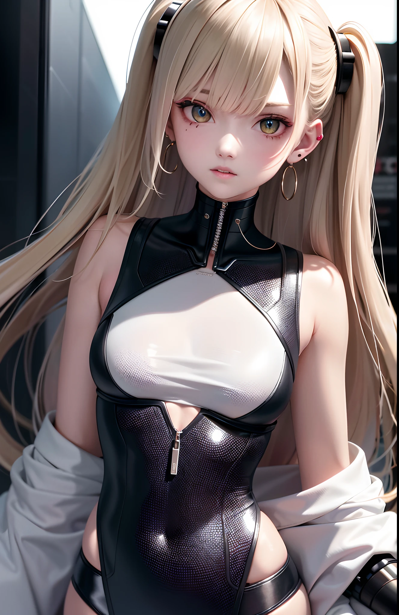 optimum,tmasterpiece,A high resolution,best qualtiy,hyper HD,super detailing,Award-Awarded,16k,独奏,(The upper part of the body),anatomy correct,Beautiful cyberpunk girl,Ex Machina,cute face,high light,Gradient Beige Hair,Hairline,((Scarlet eyes)),long eyelasher,Hanging eye corners,White skin of the,(small boobs),(Slim body),((The shirt)),((sweat shorts)),(),ear studs,(neck rings),(Laser material clothing:1.2)