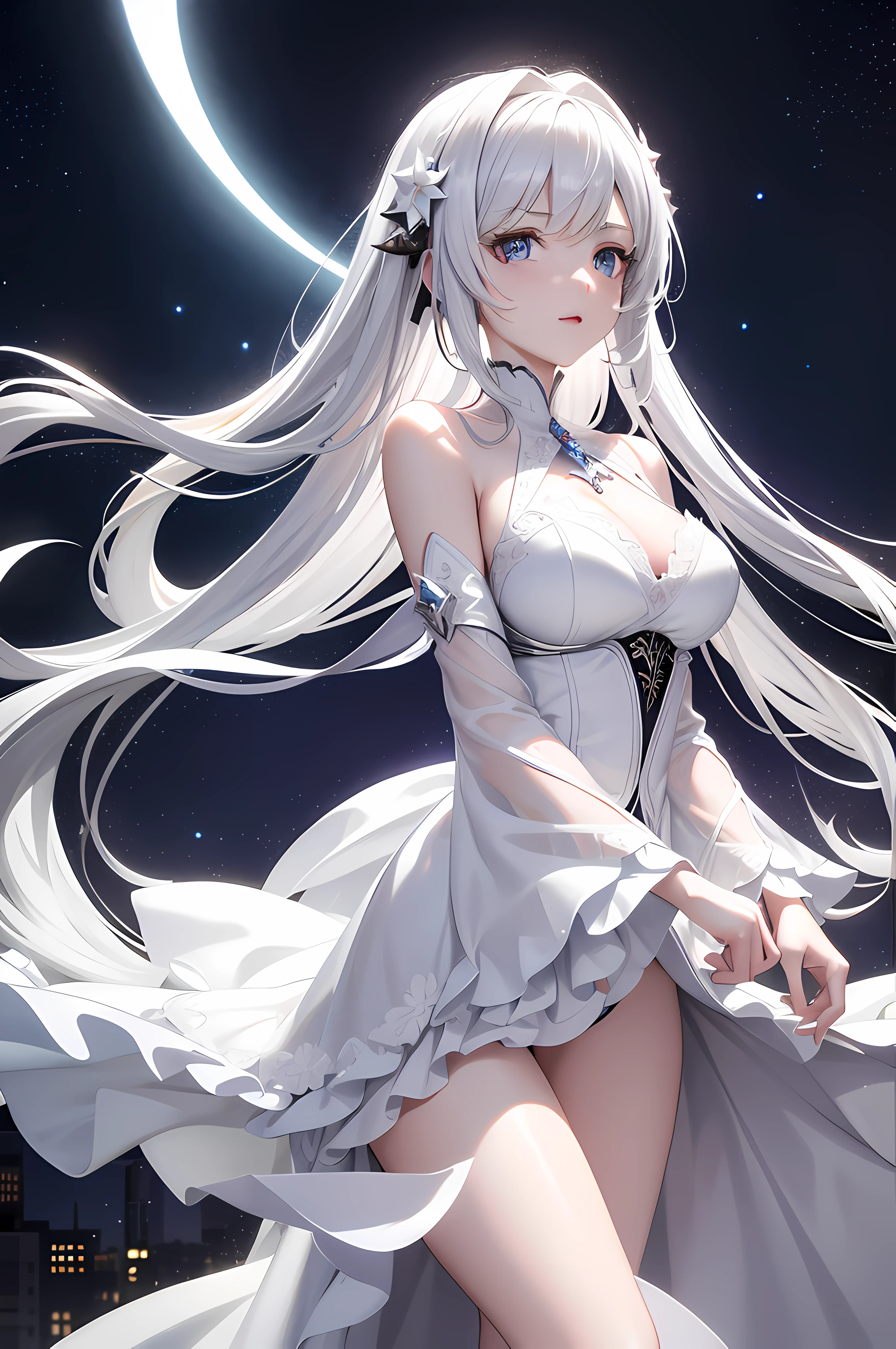 ventania,Royal sister,white colors,Silvery-white hair,hair straight,Gradient violet-blue eyes,Fall for the city,Immortal temperament,Delicate beauty,D bust,Black and white fairy robe,blacksilk,red string,Bare shoulders,Genshin shock,4K分辨率,Starry sky at night