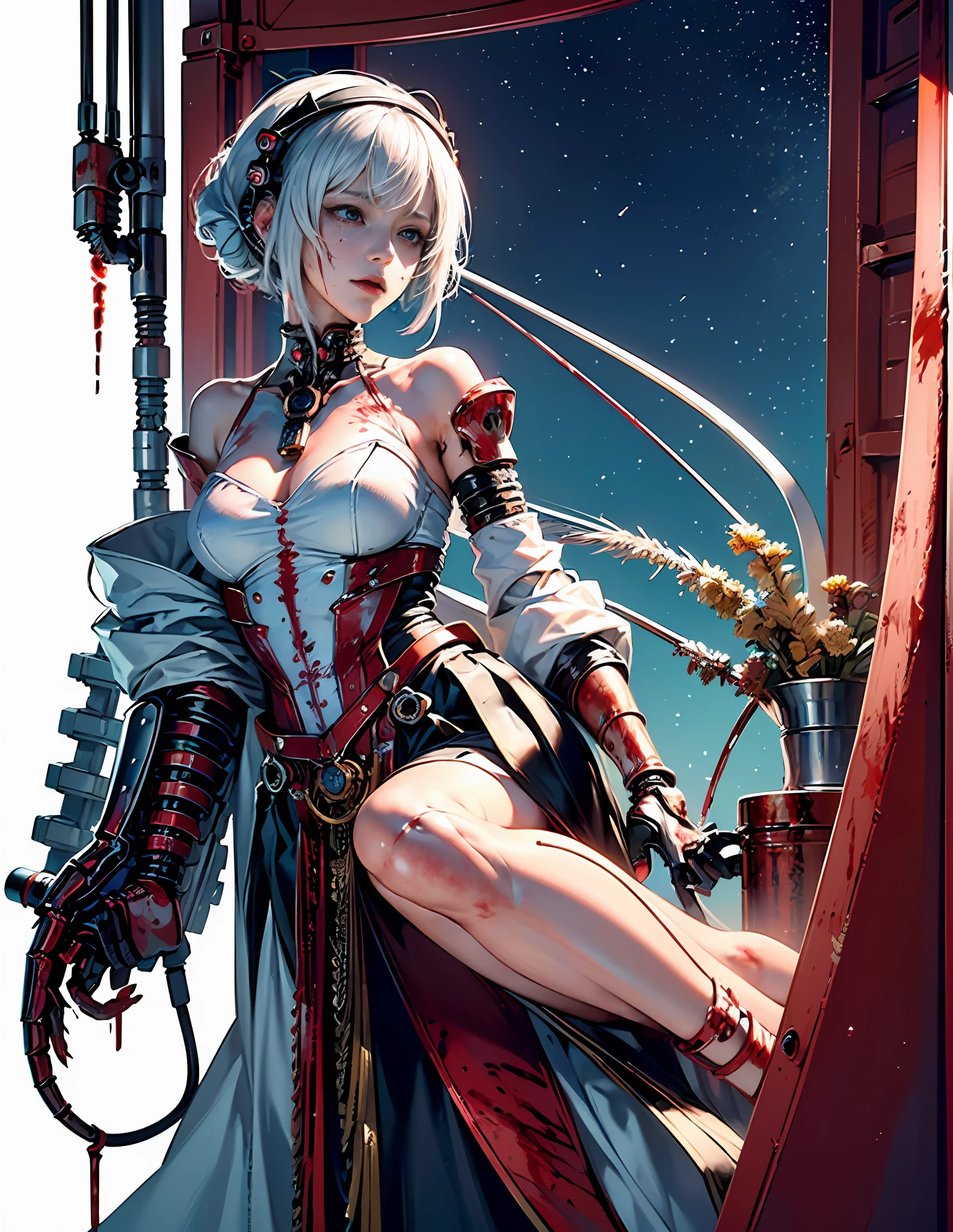 (masterpiece, top quality, best quality, official art, beautiful and aesthetic:1.2), (1girl:1.3), extreme detailed,colorful,highest detailed ((ultra-detailed)), (highly detailed CG illustration), ((an extremely delicate and beautiful)),cinematic light,((((1mechanical girl in container)))),white hair,red eyes,ayanami rei,solo,full body,(blood from mouth:1.5),(machine made joints:1.2),((machanical limbs)),(blood vessels connected to tubes),(mechanical vertebra attaching to back),((mechanical cervial attaching to neck)),expressionless,looking at viewer,from faucet,(wires and cables attaching to neck:1.2),(wires and cables on head:1.2)(character focus),science fiction,(blood:1.5),(stasis pod:1.5),(in container:0.6),