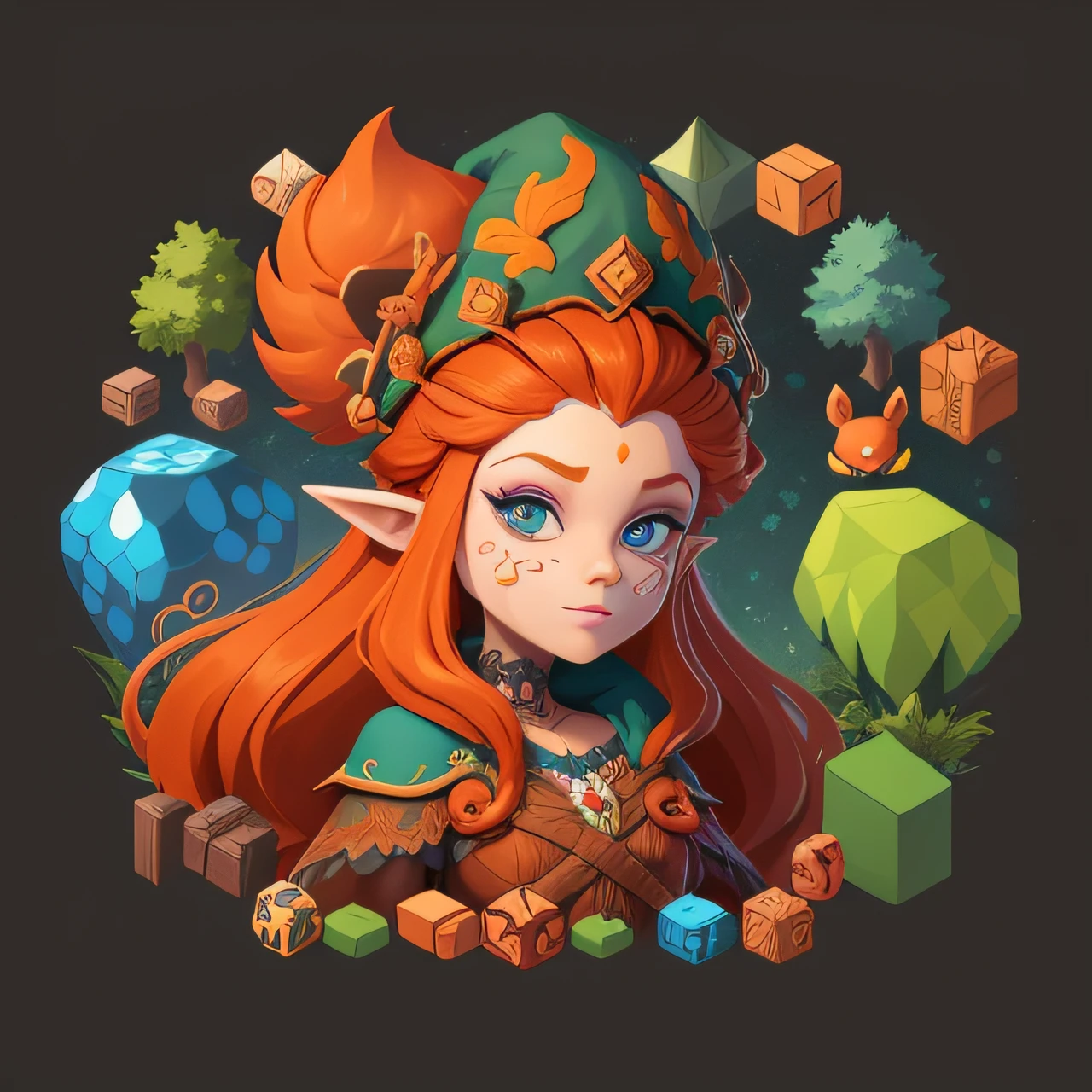 boneca linda Keyleth, rosto detalhado, isometric, cartoon illustration, (movido a energia verde:0.4), (SolarpunkAI:0.4) ; very high graphic quality, muito detalhado, isometric game asset, arte estilizada do jogo, isometric 2 d game art, isometric game art, Ativo do jogo, Ativo de ambiente de jogo RPG, Design de ambiente de jogo 2D, mobile game asset,