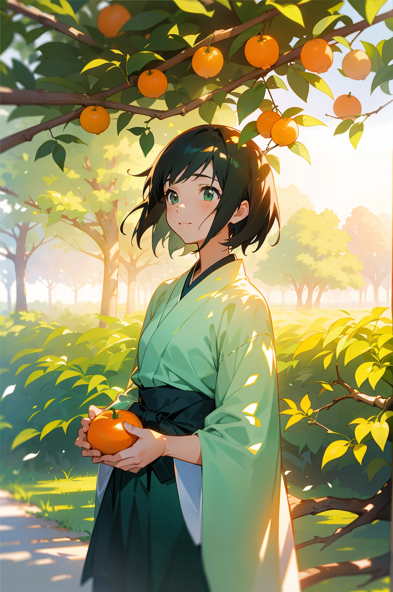 Illustration of a girl holding a fruit under an orange tree,cheerfulness，of a real， in the style of makoto shinkai, jessica drossin, Kawasi, rural life scenes, Green, Sui Dynasty, Charming characters，Dreamy light and shadow，Beautiful anime girls，A girl in Hanfu，A fruitful tree