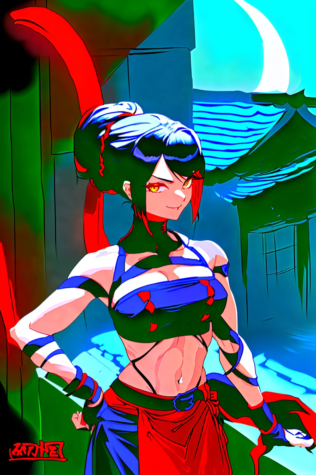 Anime - a stylistic image of a woman，Wear a black bandeau，Black skirt and red apron, Katana Zero video game character, Anime Gothic Girl, Vampires, Main character, black and reddish color armor, dressed in crustpunk clothing, Female protagonist，Yellow glowing eyes，Black belt with gold buckle，Black gloves，Black and red scarf，8K，musculature，Hair tied up，Black and red flags，bandagens，Scars on the stomach，A teasing smile，robotic hand，Mermaid line，musculature，Hold on to the wall，Ambiguous eyes