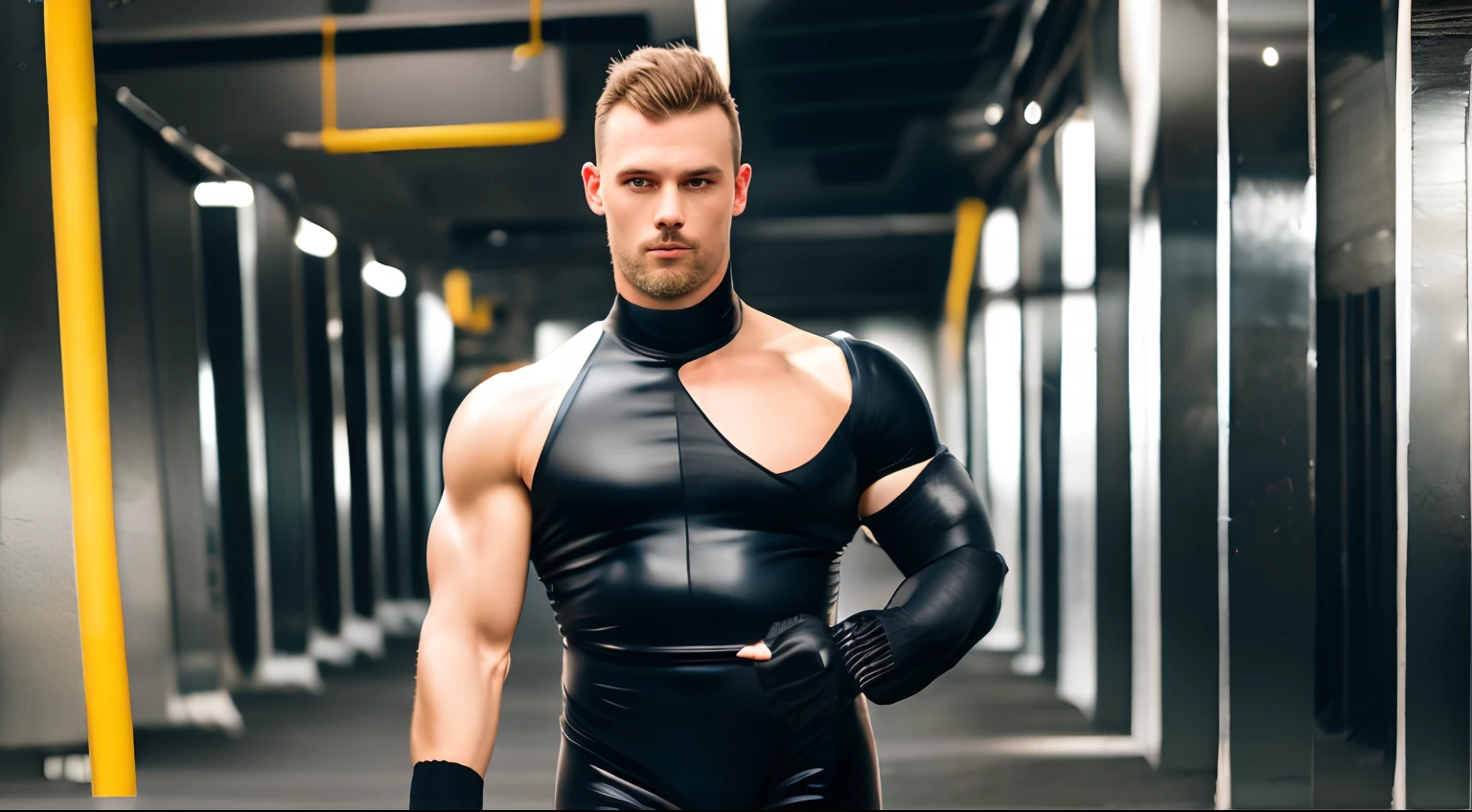 Muscular dude，Wearing a black one-piece latex suit，mitts，With a collar，Petting the