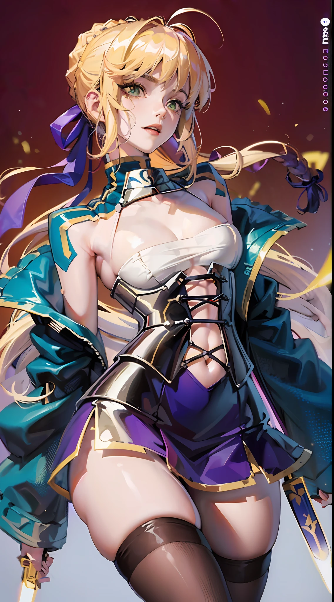 Artoria Pendragon (saber),Light red premium background,Wearing a Japanese-style uniform,Chest open,Superskirt,D cup,Sexy one-piece stockings,ahegao face,Fleshy thighs,highly rendered,detailed face with