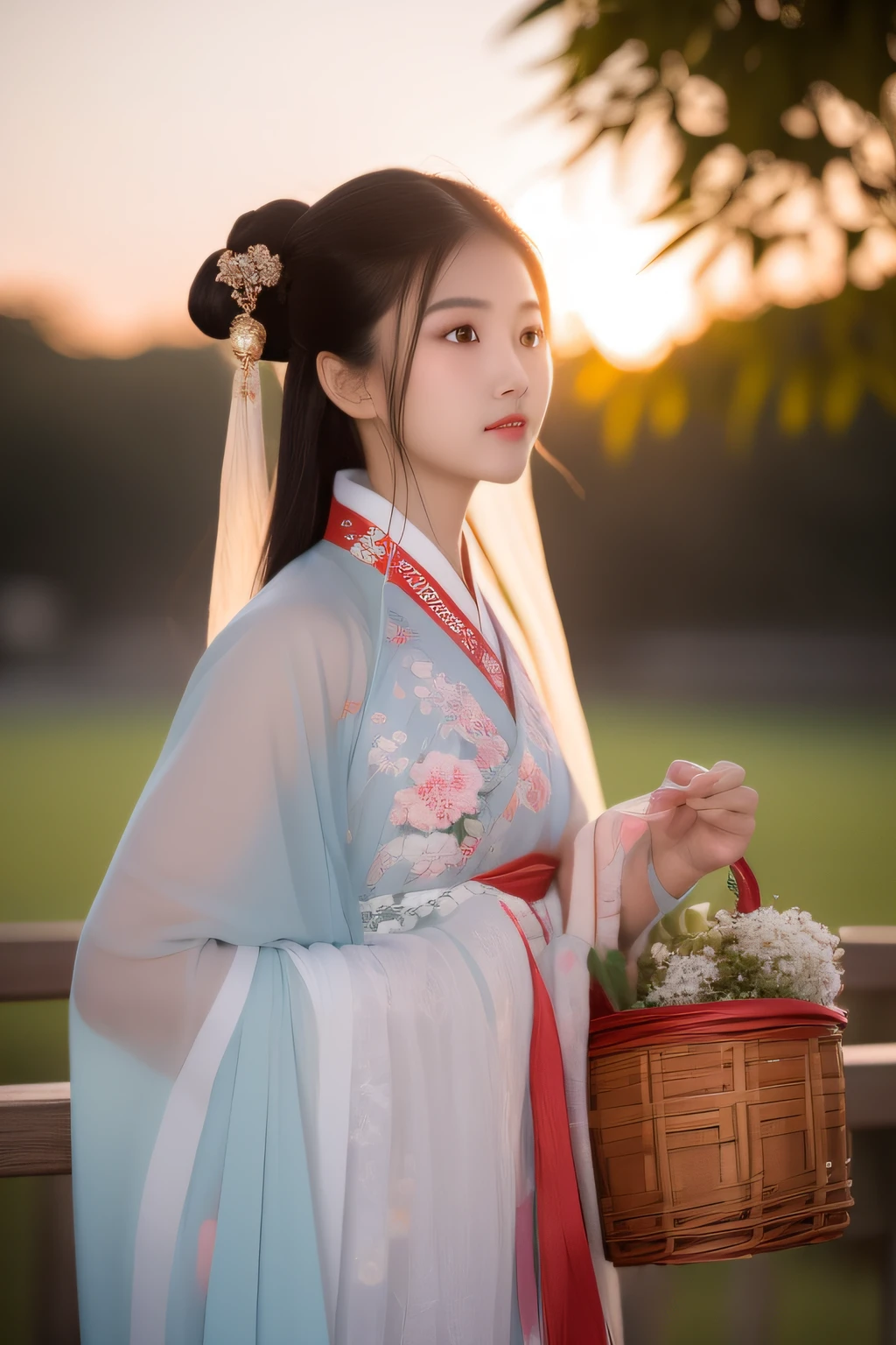 The sky is full of sunsets, The Hanfu woman walked slowly with a basket full of bamboo shoots, She has delicate facial features