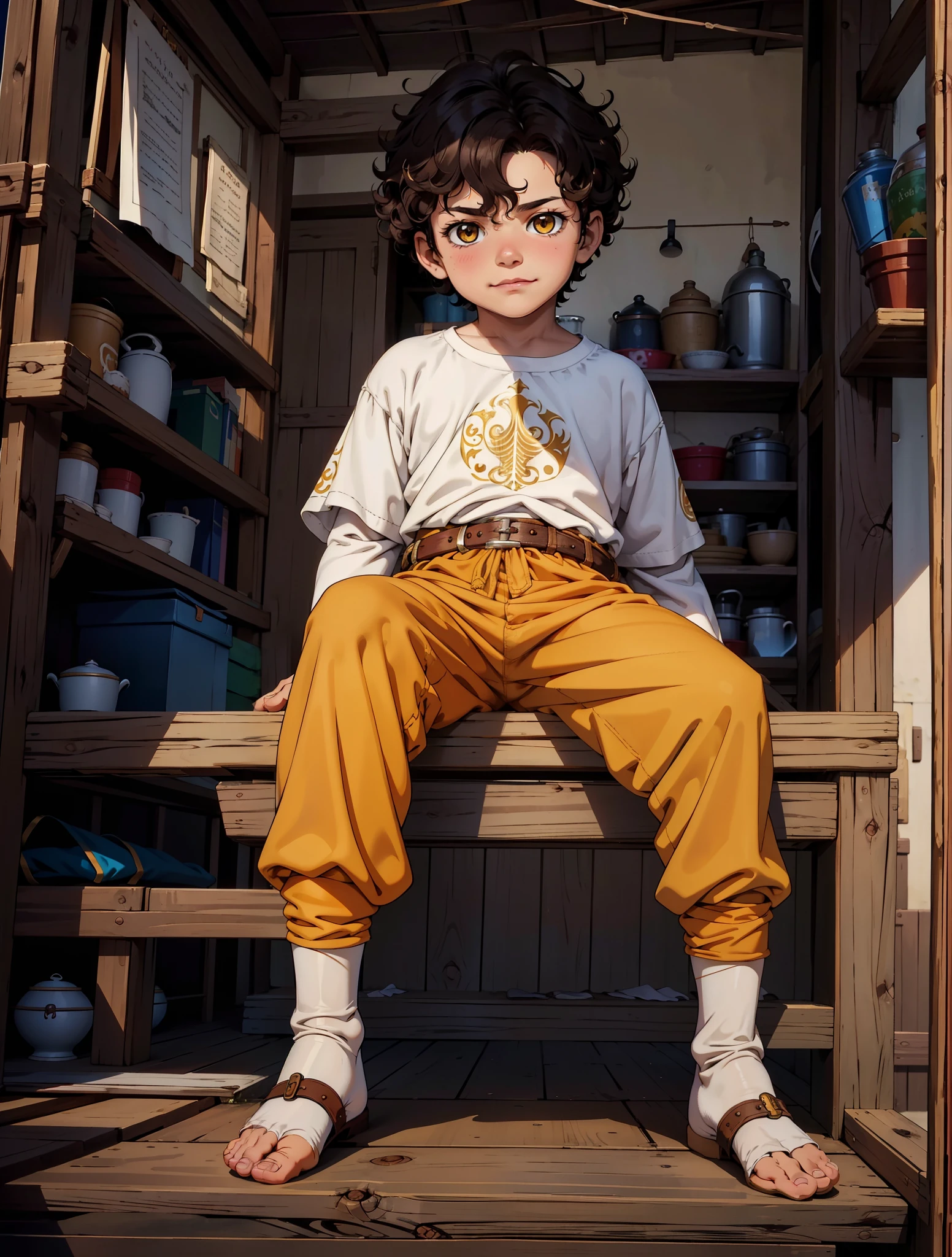 (masterpiece, top quality, best quality, official art, detailed:1.2), solo, looking at viewer, black hair, 1 young boy, yellow eyes, male kid focus, outdoors, sky, day, tree, realistic, Zuza Kapuscinska art style, child, very young, (6_year_old_boy: 1.9), poor clothes, looking at viewer, full curly brown hair, handsome, grumpy, smirking, medieval clothing, medieval clothes, (wearimg_medieval_clothing: 1.9), medieval style, leather armor